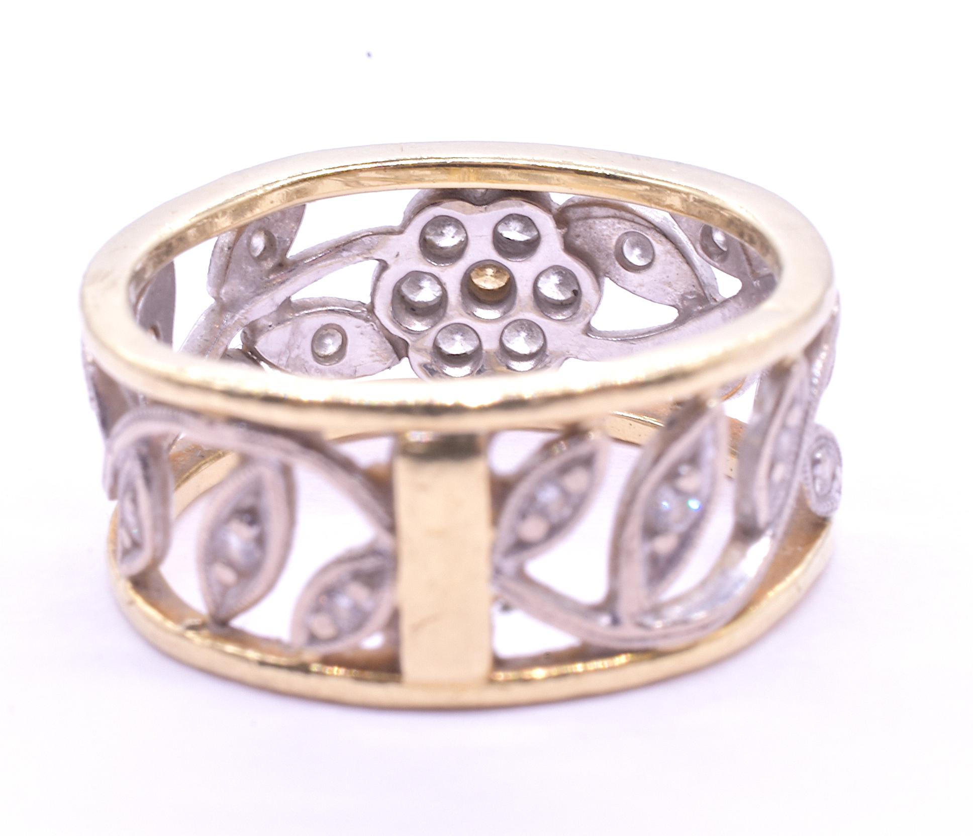 C1930 18K Gold Flower Band Ring w Diamond Accents 1
