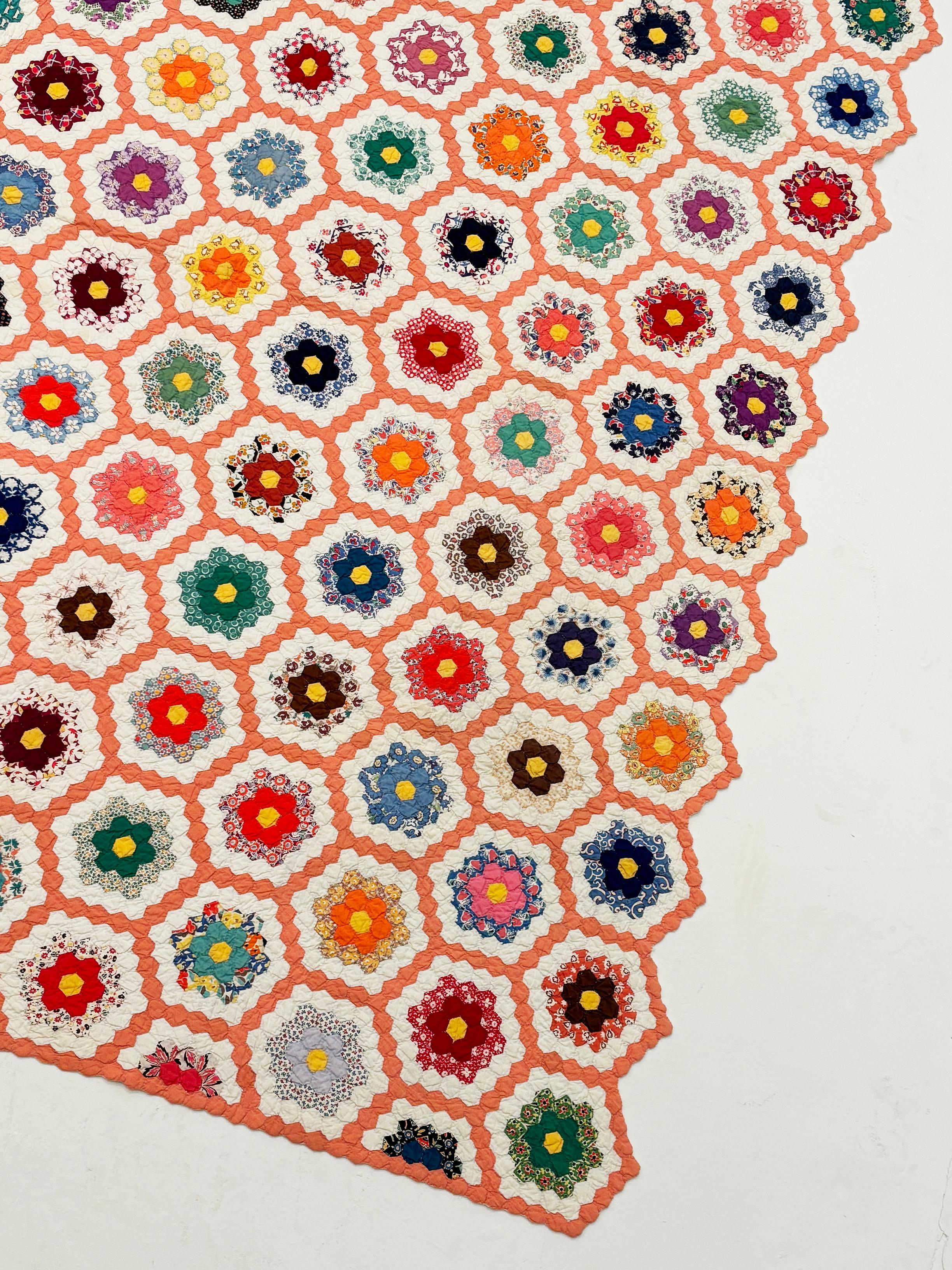 C.1930 Grandmother Flower Garden Hexagon Quilt For Sale 3