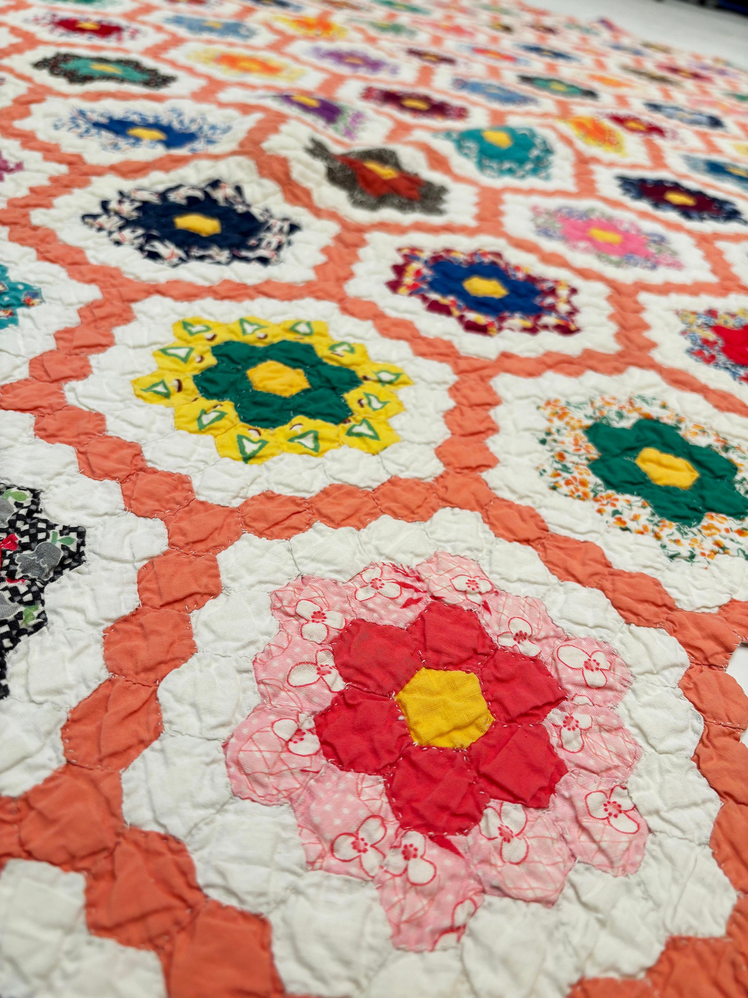 C.1930 Grandmother Flower Garden Hexagon Quilt For Sale 5