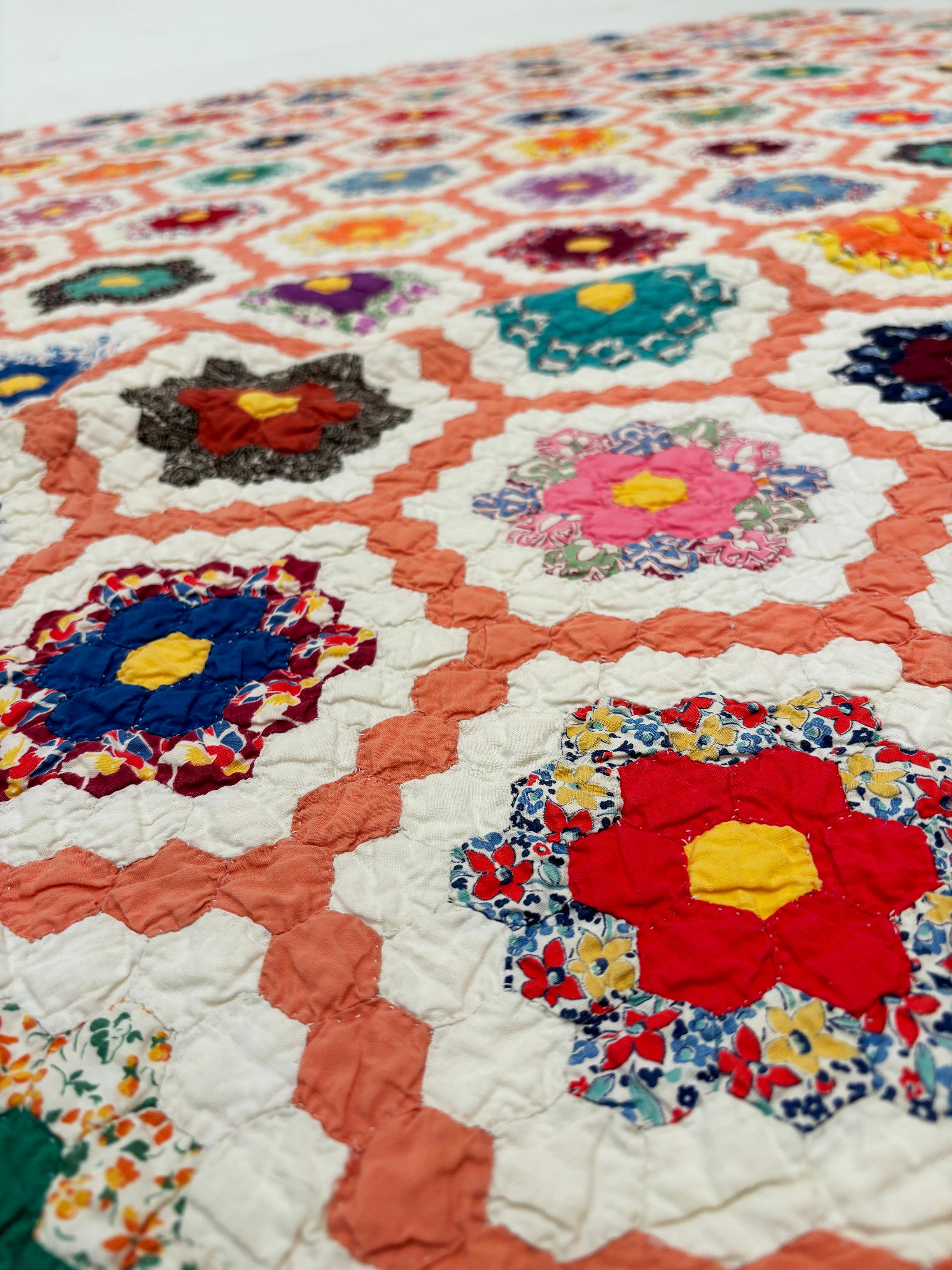 C.1930 Grandmother Flower Garden Hexagon Quilt For Sale 6