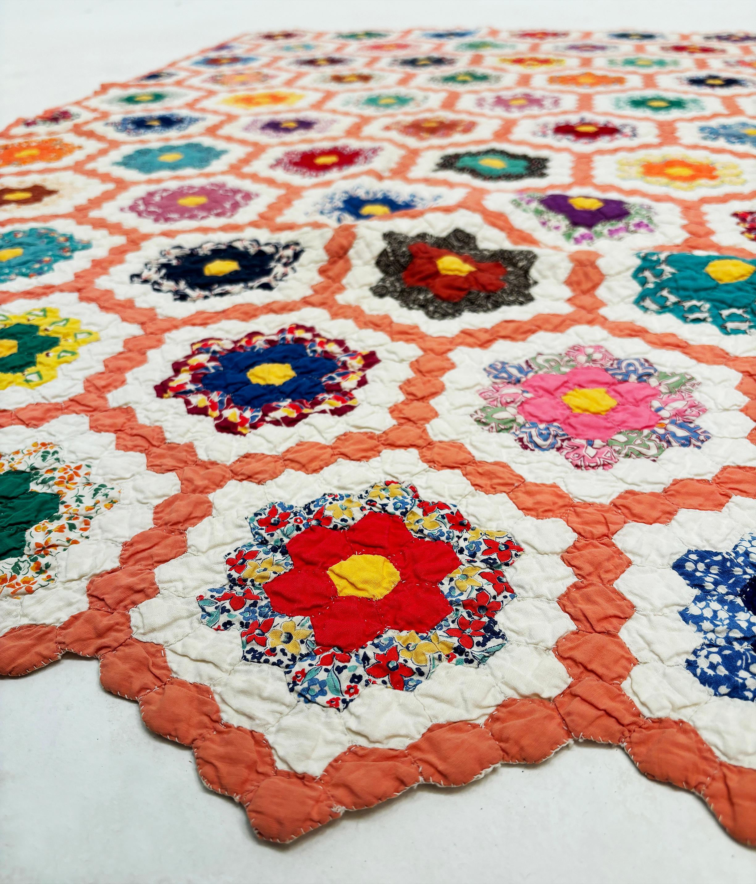 C.1930 Grandmother Flower Garden Hexagon Quilt For Sale 7