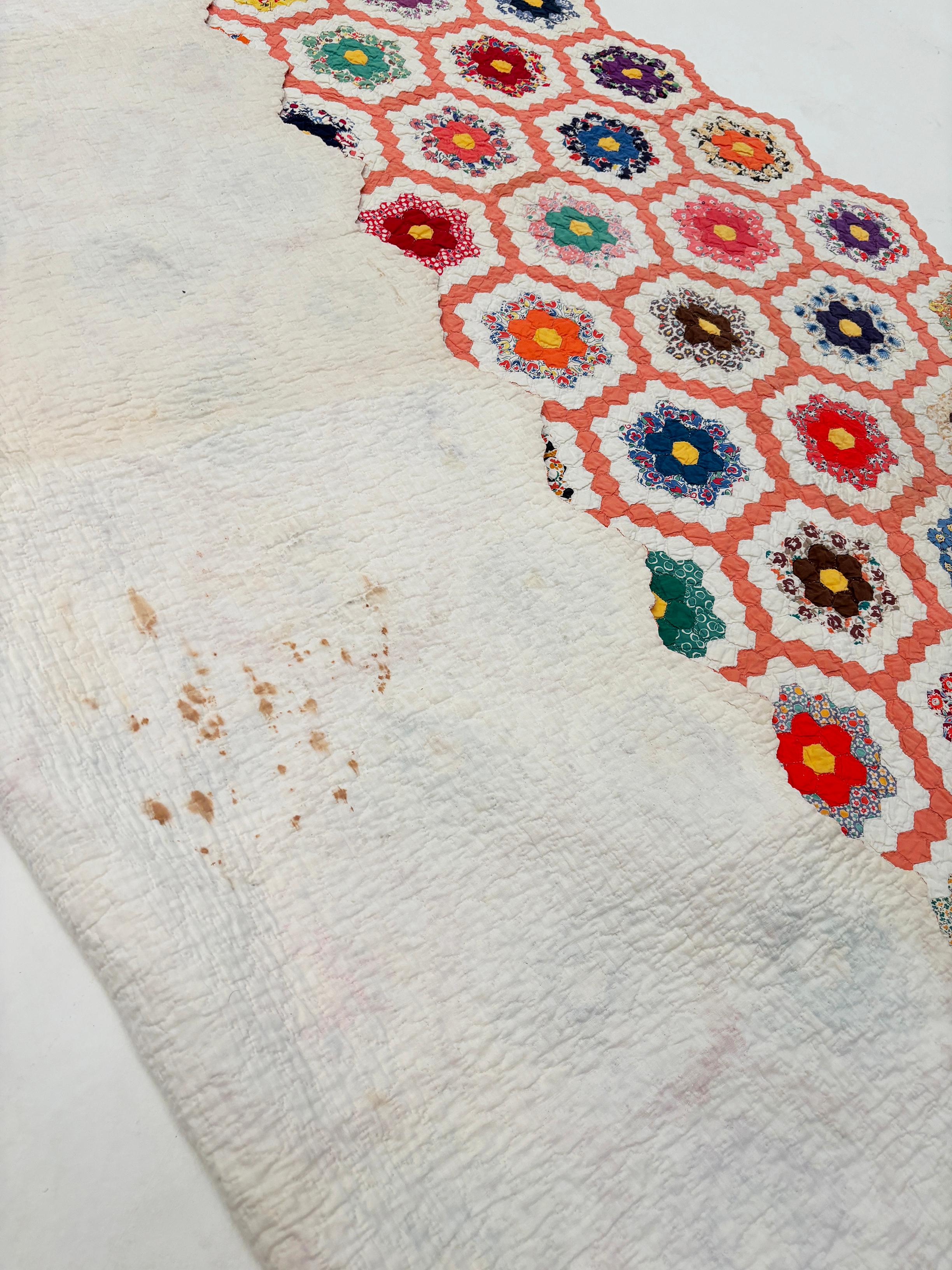 C.1930 Grandmother Flower Garden Hexagon Quilt For Sale 10