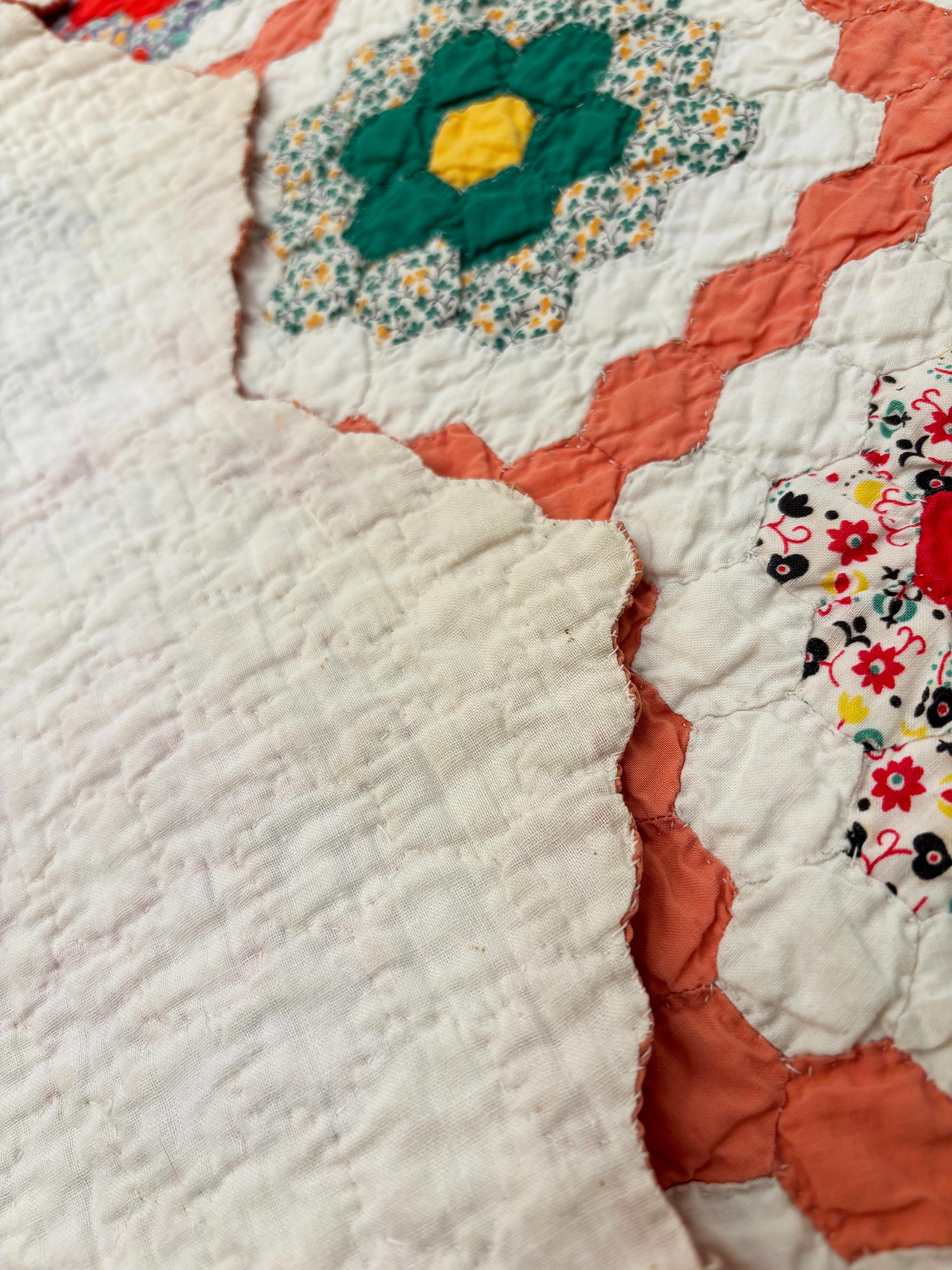 C.1930 Grandmother Flower Garden Hexagon Quilt For Sale 11
