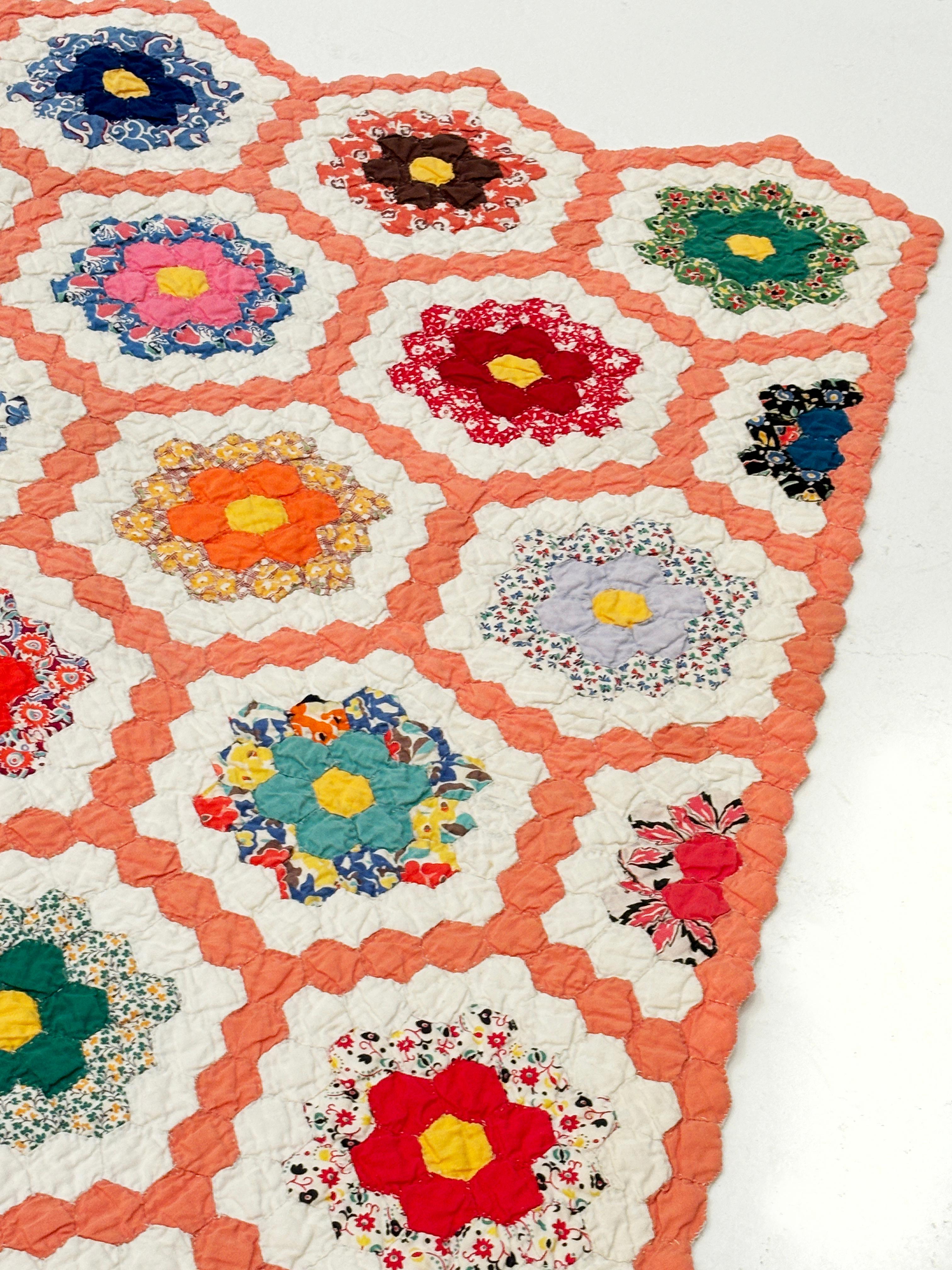 American C.1930 Grandmother Flower Garden Hexagon Quilt For Sale