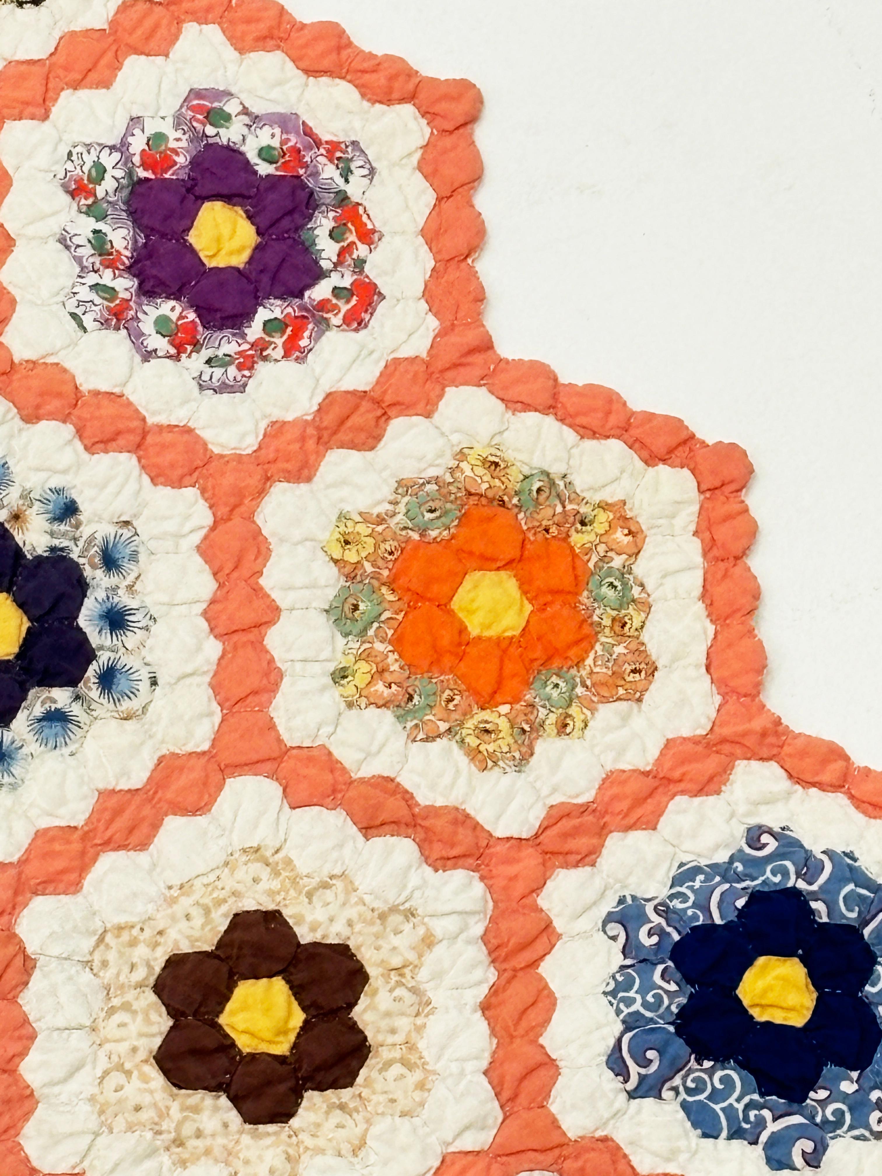 Hand-Crafted C.1930 Grandmother Flower Garden Hexagon Quilt For Sale