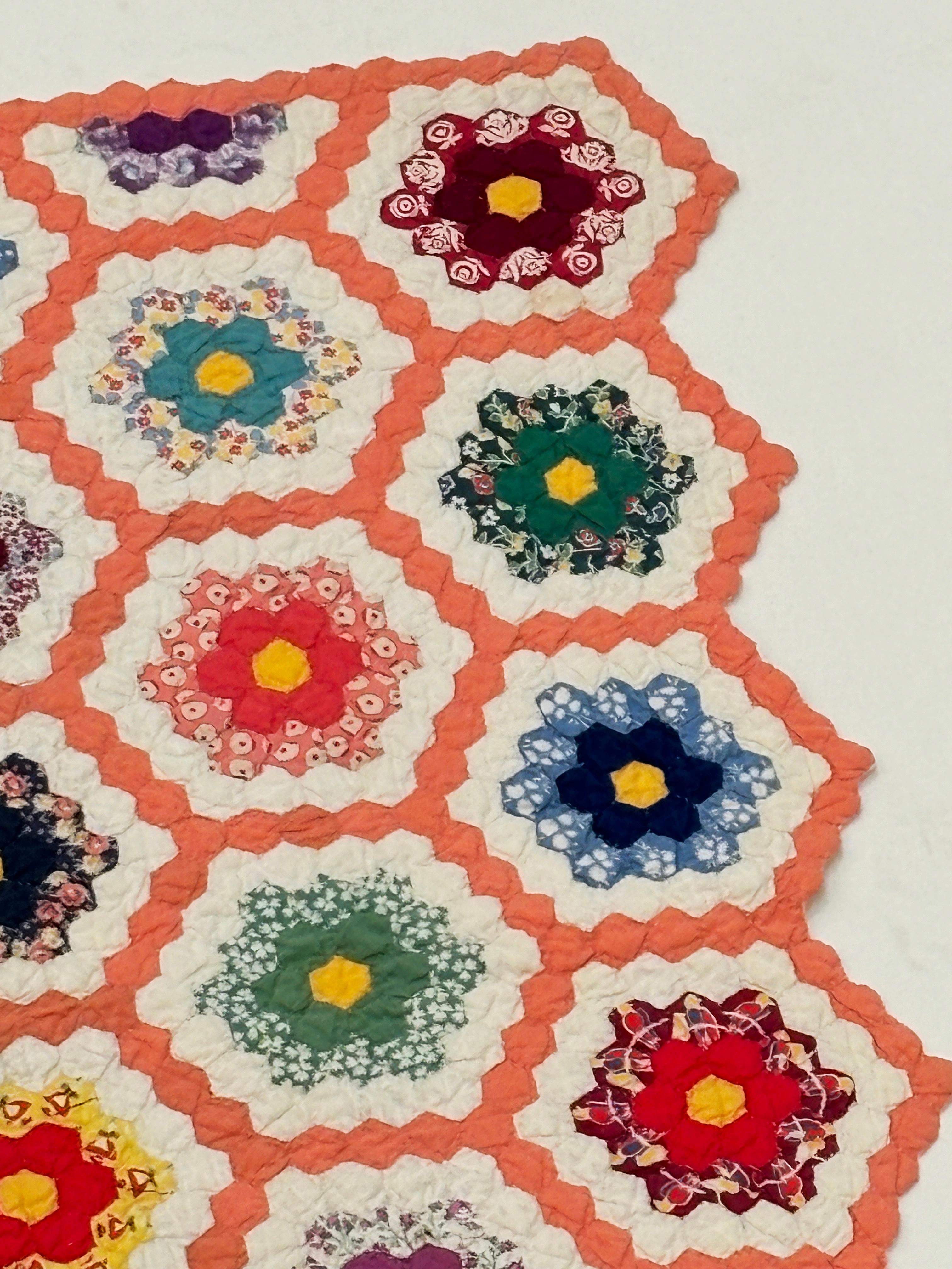 20th Century C.1930 Grandmother Flower Garden Hexagon Quilt For Sale