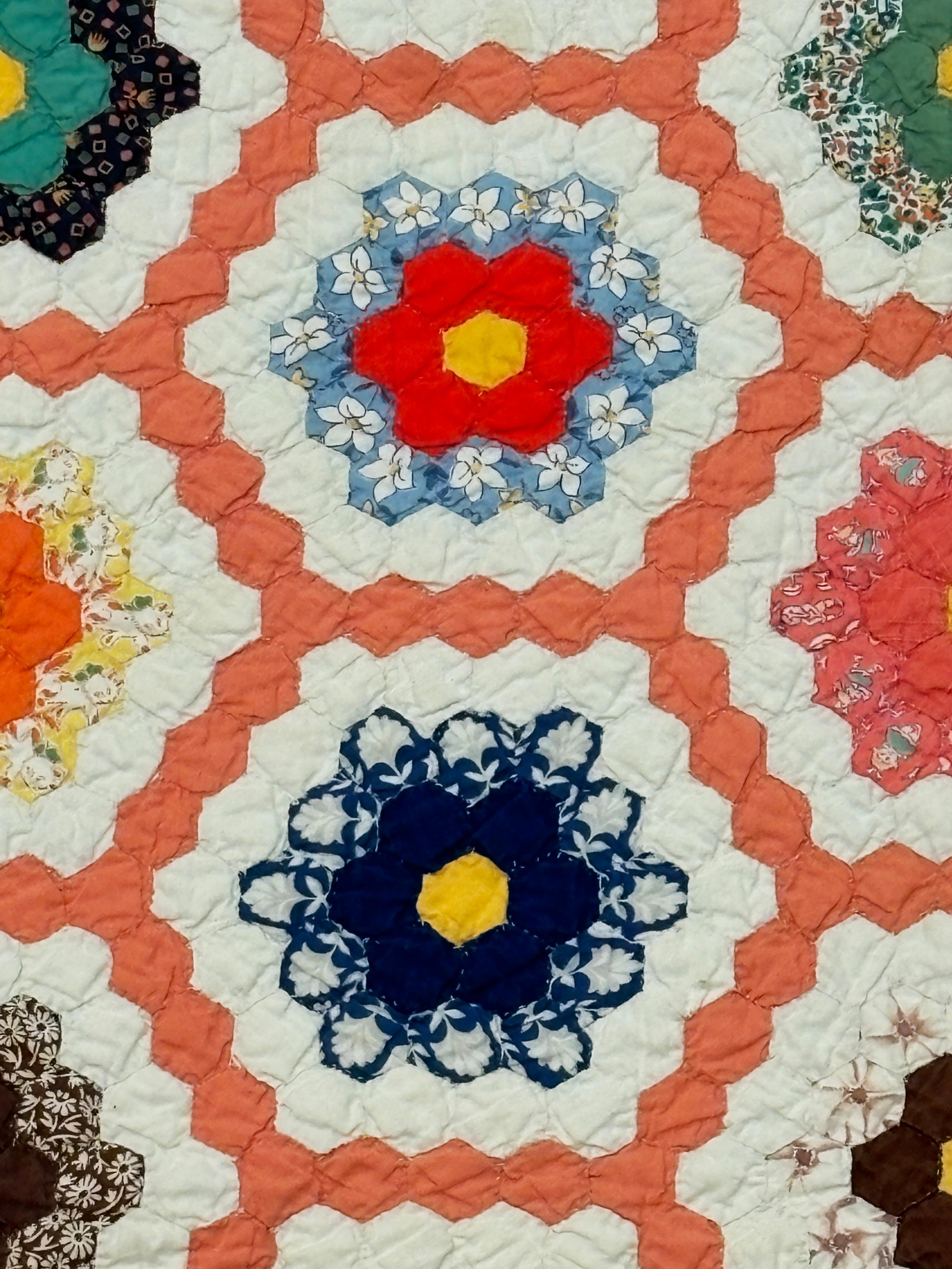 Fabric C.1930 Grandmother Flower Garden Hexagon Quilt For Sale