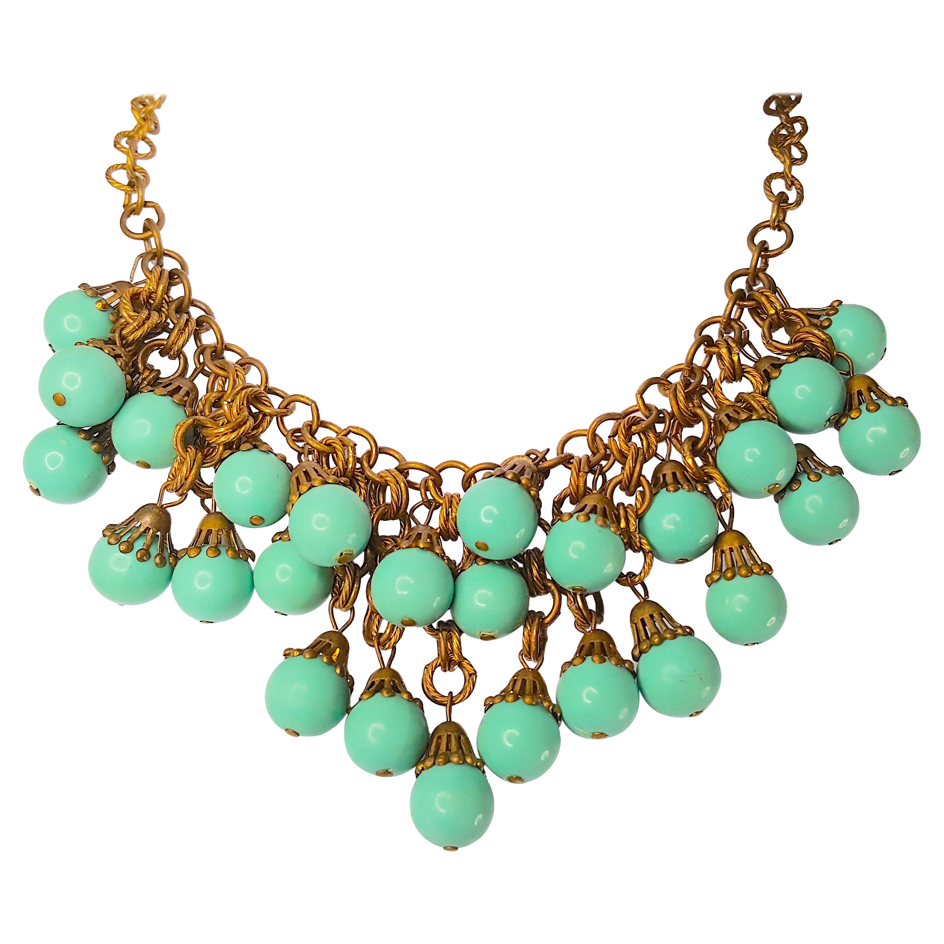 c1930 Gripoix per CocoChanel Collana di vetro francese intricata in bronzo dorato con goccia in vendita