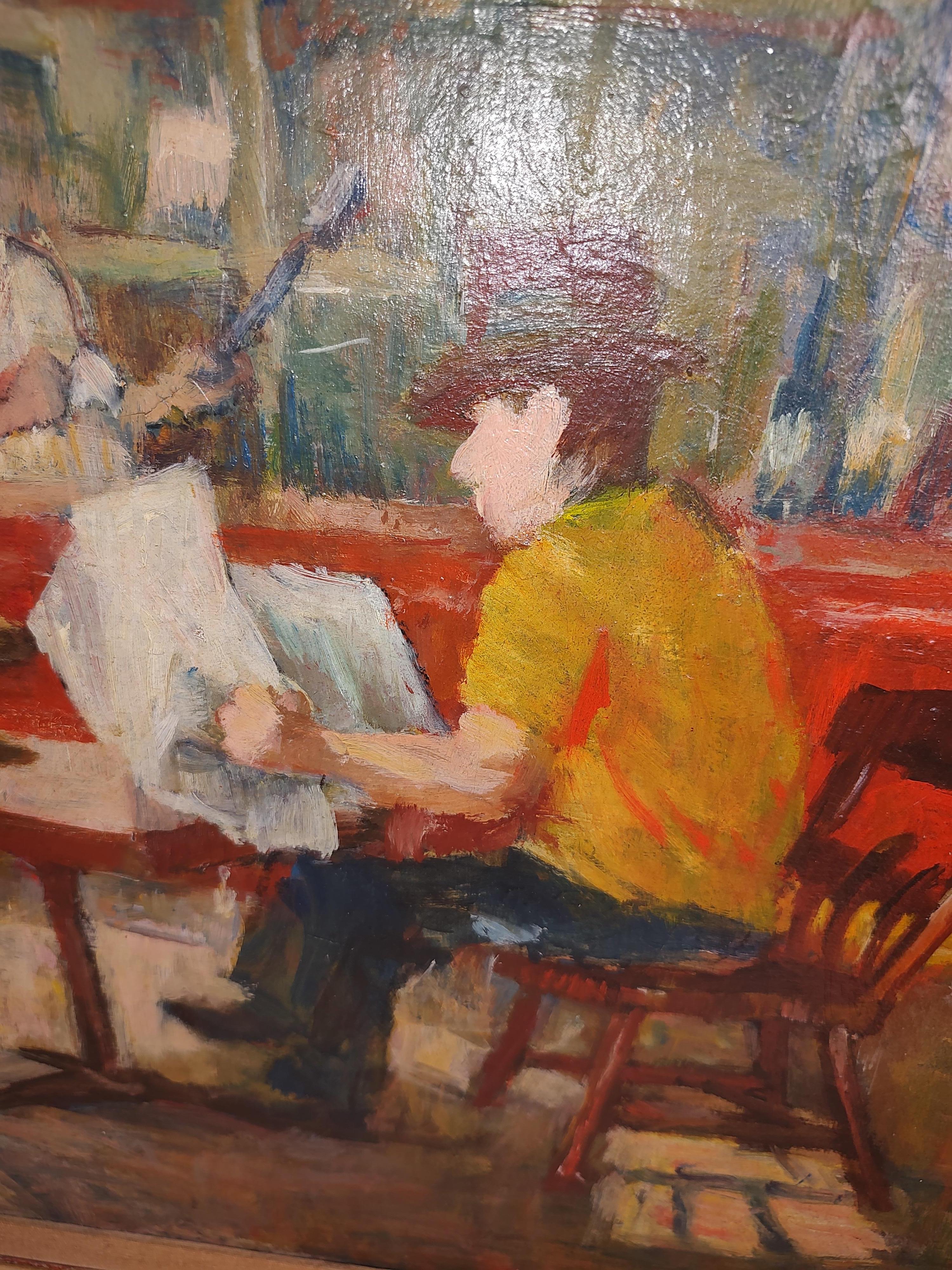 American C1930 Impressionist Ashcan Original Painting of a Cafe Scene Oil on Canvas For Sale