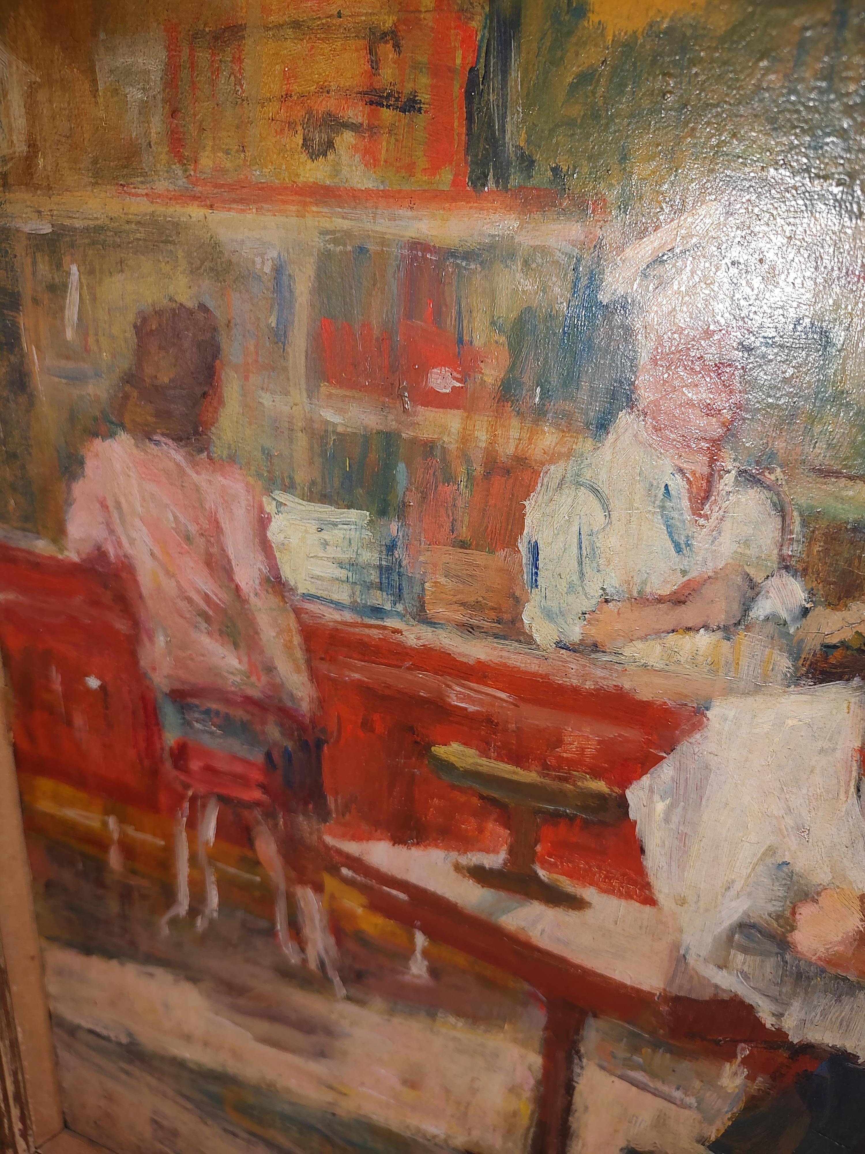 Hand-Painted C1930 Impressionist Ashcan Original Painting of a Cafe Scene Oil on Canvas For Sale