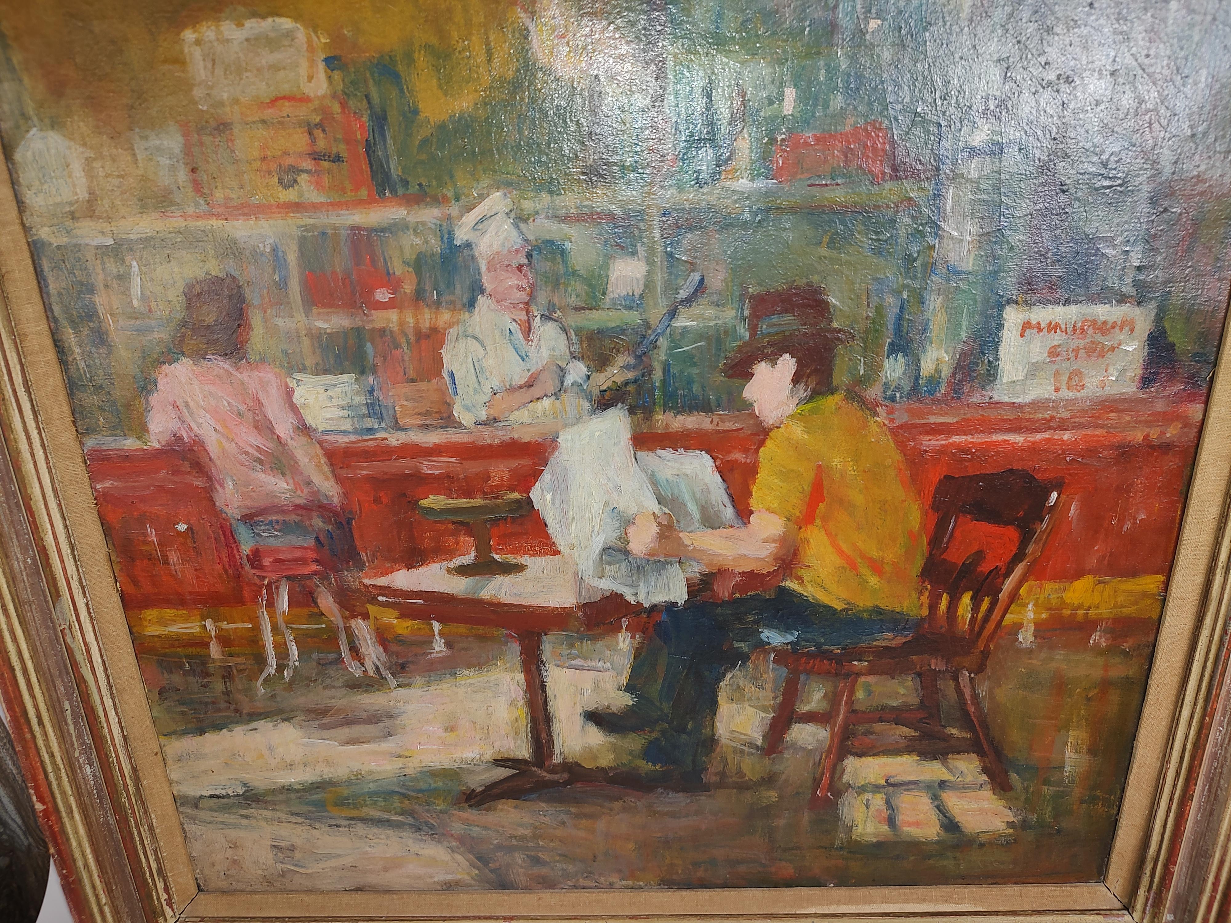 Impressionistisches Aschenbecher- Originalgemälde einer Cafe-Szene, Öl auf Leinwand, um 1930 im Zustand „Gut“ im Angebot in Port Jervis, NY