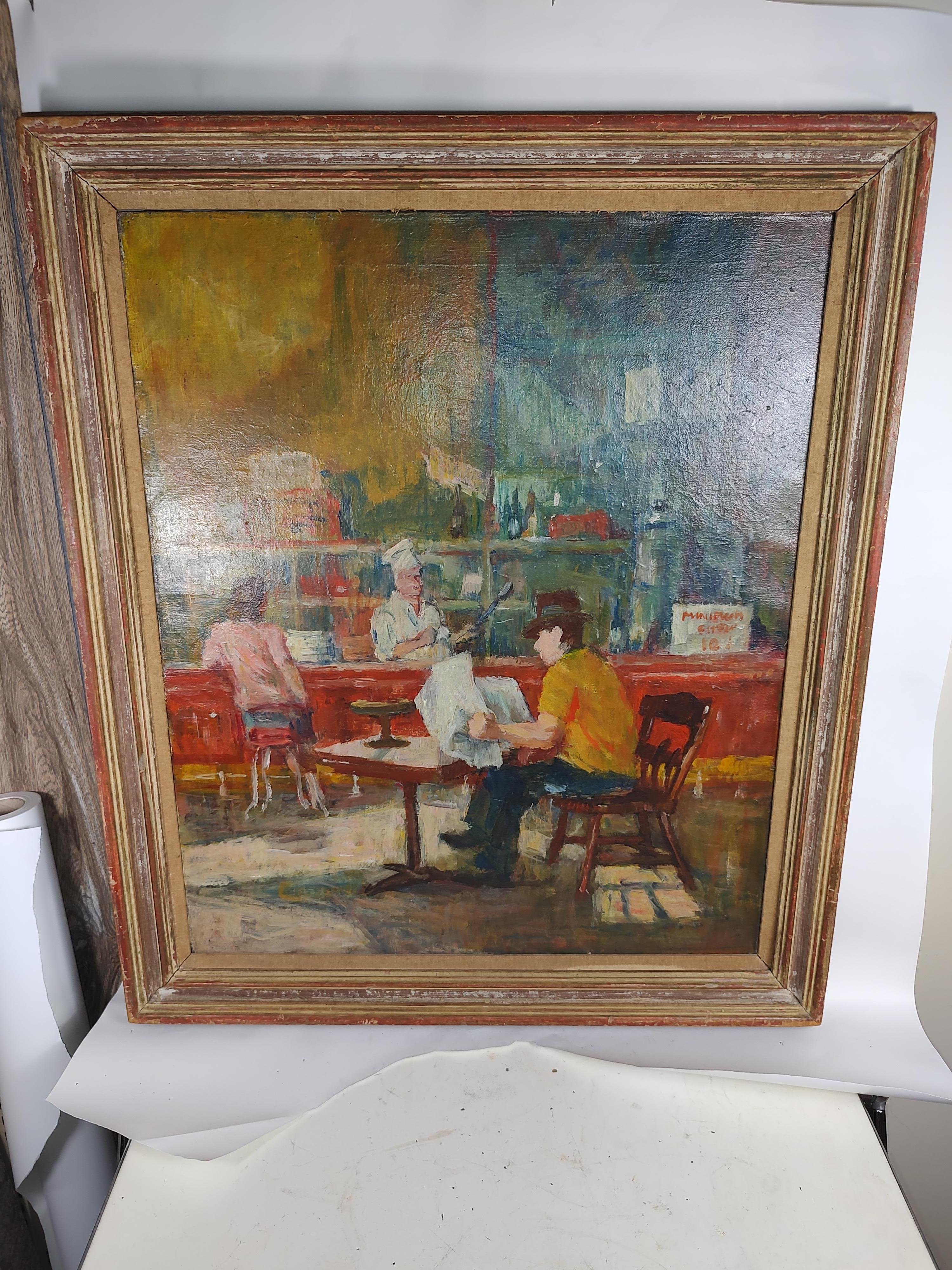 Mid-20th Century C1930 Impressionist Ashcan Original Painting of a Cafe Scene Oil on Canvas For Sale