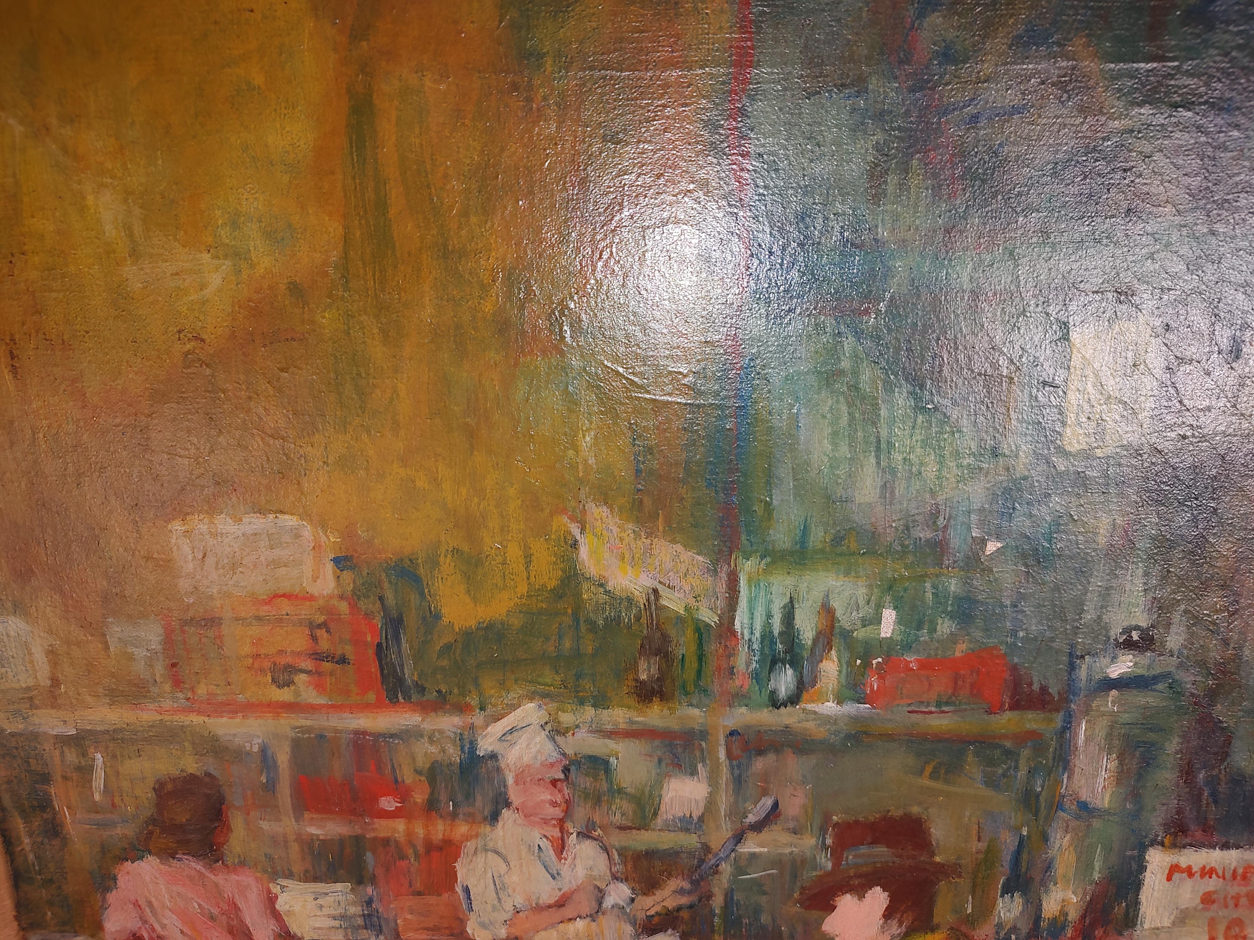 C1930 Impressionist Ashcan Original Painting of a Cafe Scene Oil on Canvas For Sale 1