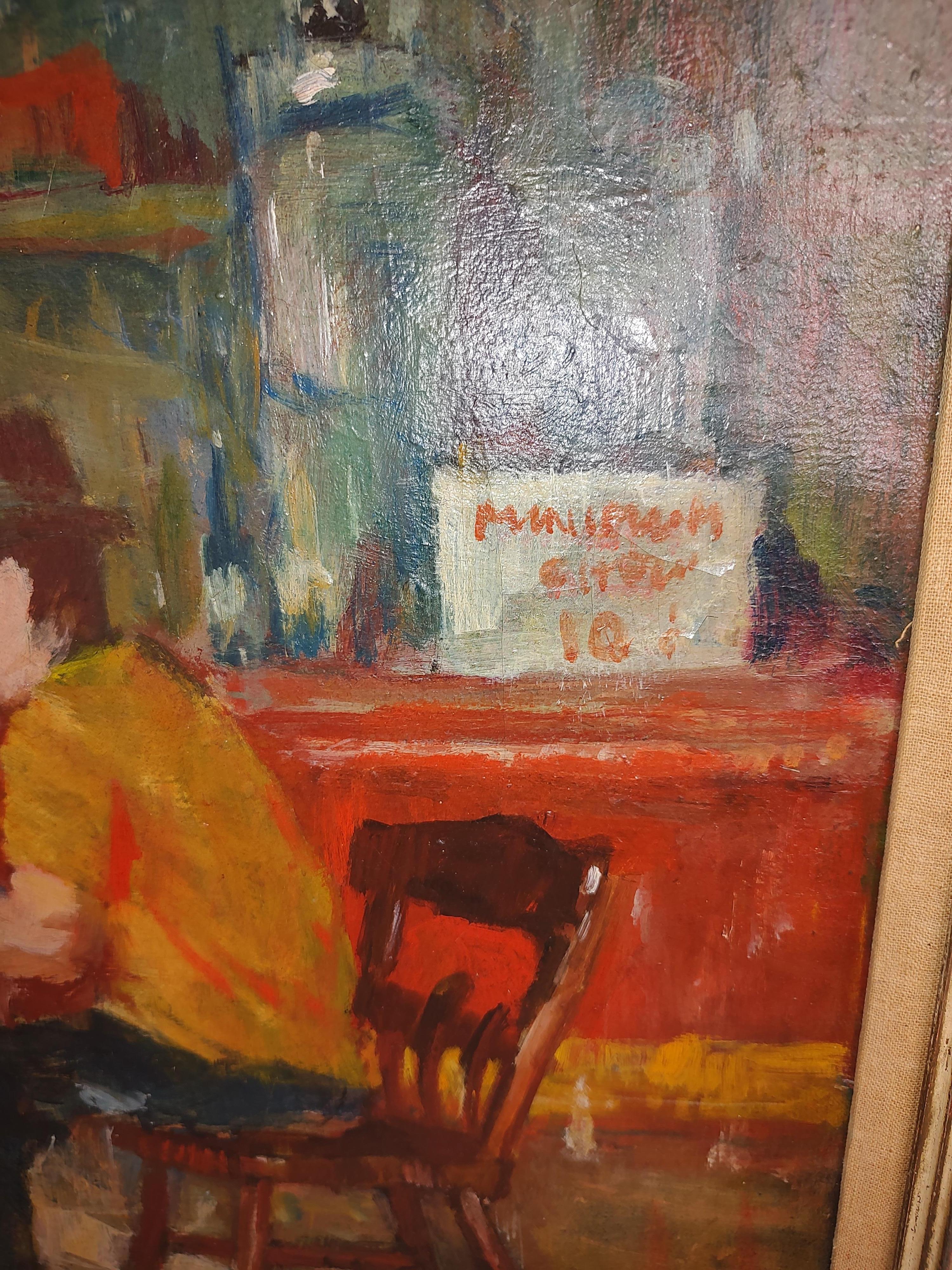 C1930 Impressionist Ashcan Original Painting of a Cafe Scene Oil on Canvas For Sale 2