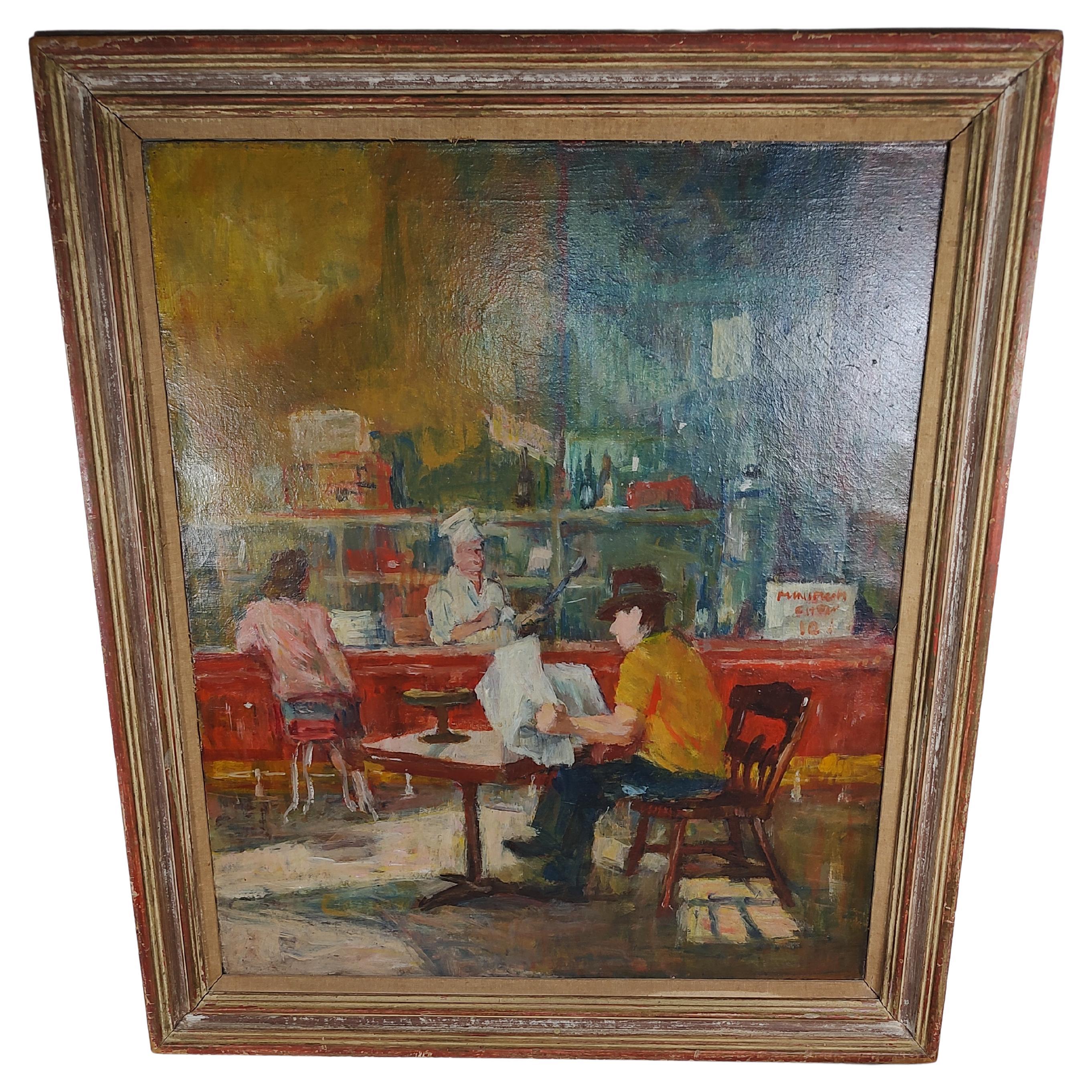 C1930 Impressionist Ashcan Original Painting of a Cafe Scene Oil on Canvas For Sale
