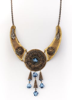 c.1930's 2 Piece Brass Filigree & Marbled Czech Glass Bib Necklace Bracelet Set