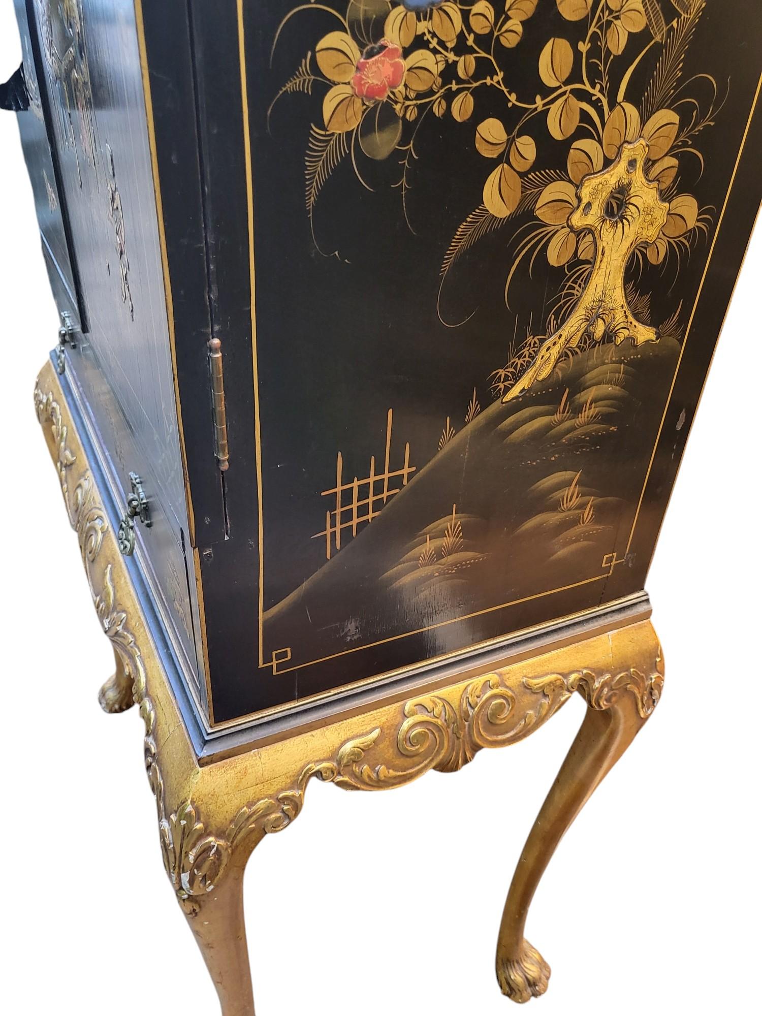 Chinese C1930s Black Lacquer Chinoserie Drinks Cabinet