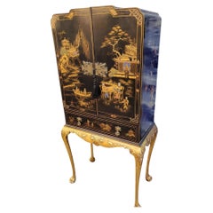 C1930s Black Lacquer Chinoserie Drinks Cabinet