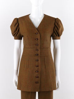 c.1930’s COUTURE 2 Pc Brown Wool Tweed Check Balloon Sleeve Jacket Pant Suit Set