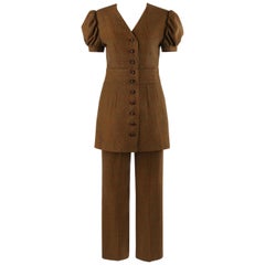 Vintage c.1930’s COUTURE 2 Pc Brown Wool Tweed Check Balloon Sleeve Jacket Pant Suit Set