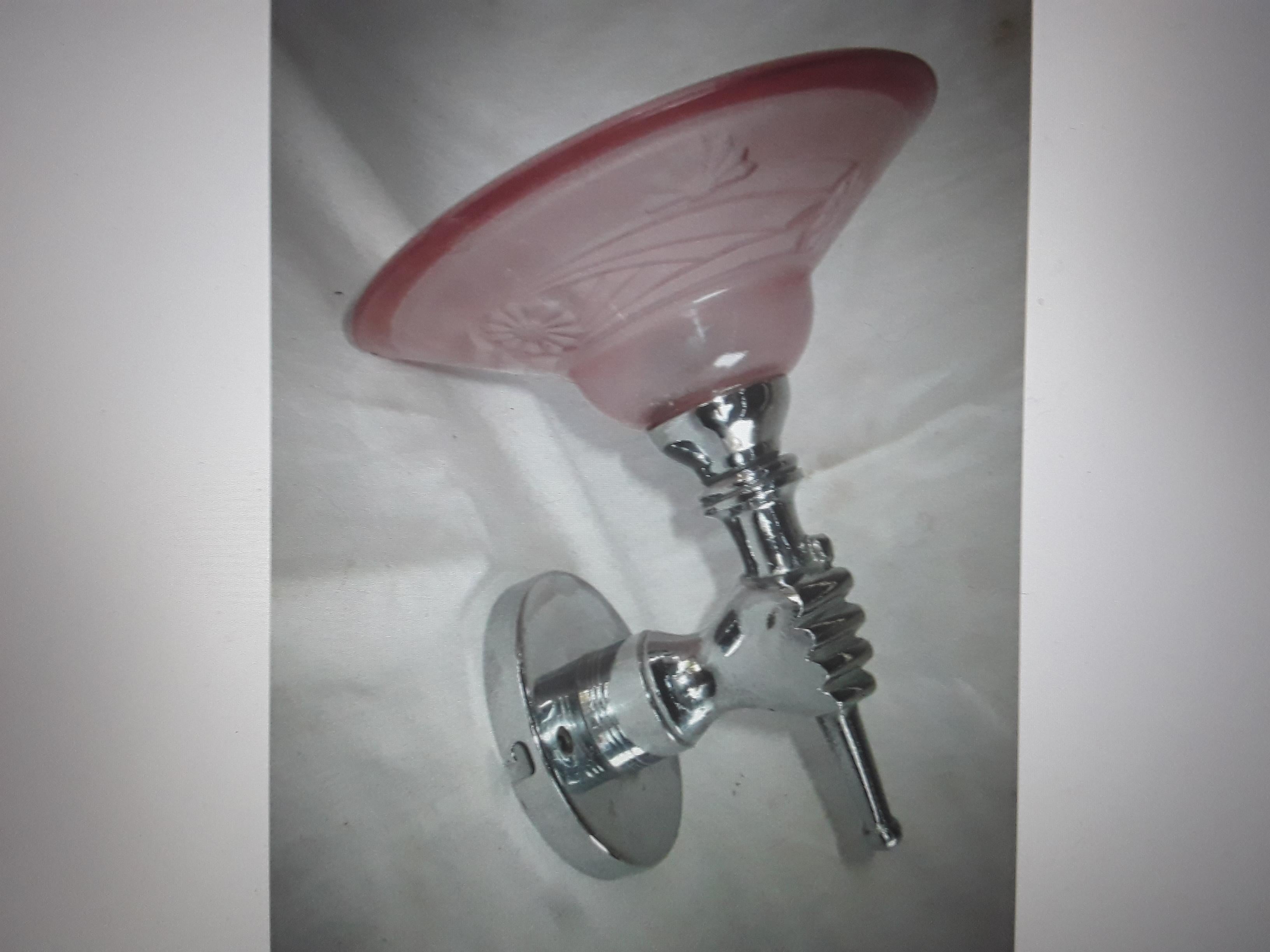 c1930's French Art Deco Nickel over Bronze Fist Torch Wall Sconce attrib. Andre Arbus. Pink art glass shade.