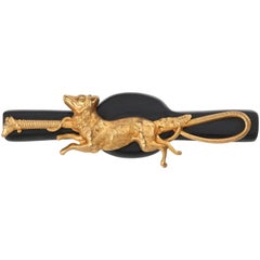 c.1930's Gold Running Fox & Riding Crop Black Bakelite Hunting Motif Brooch Pin