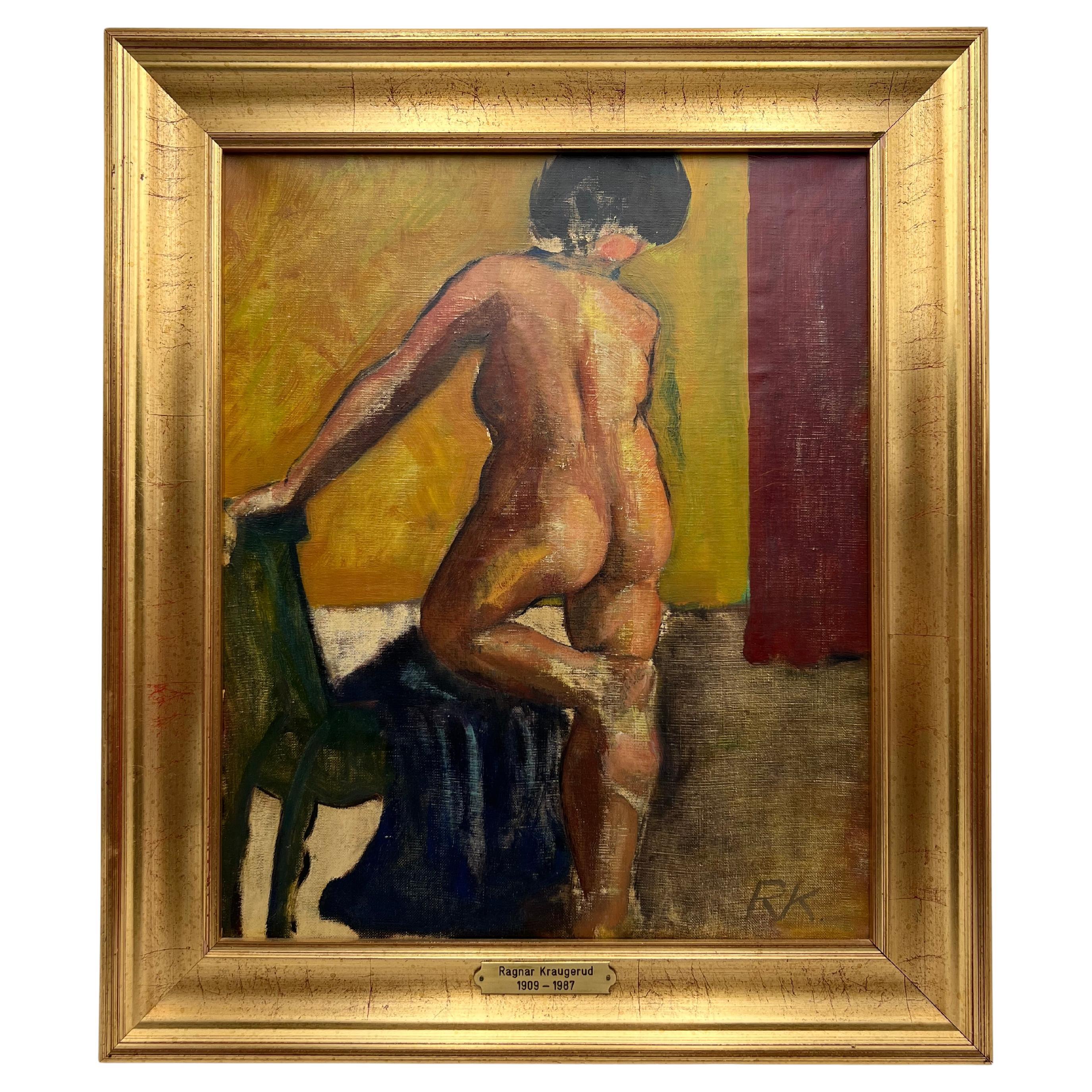 c.1930s "Nude with Green Chair" Peinture à l'huile de Ragnar Kraugerud (1909-1987)