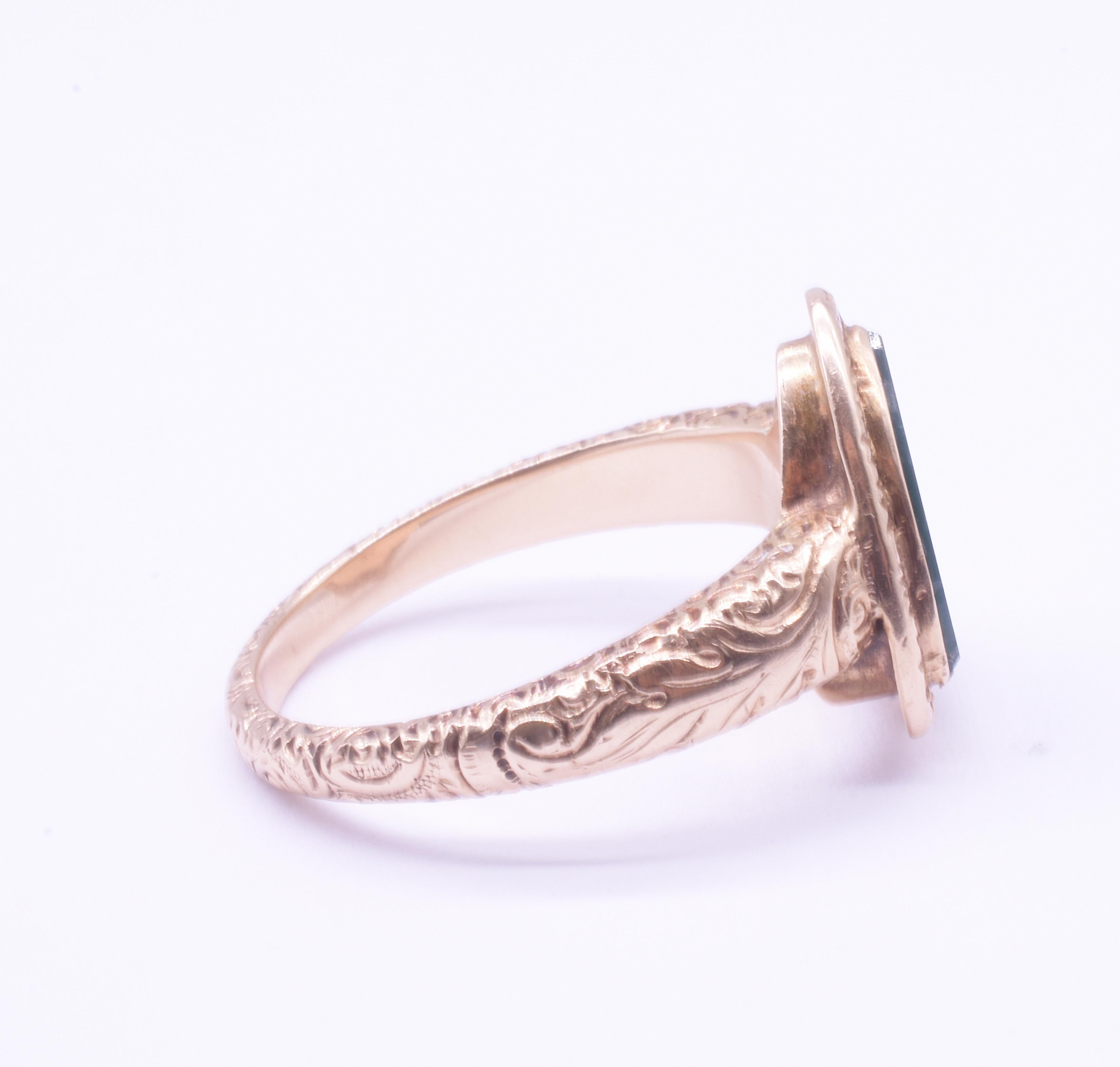 C1935 14K Bloodstone Signet Ring with Two Engrailed Top Escutcheon (SHIELD) For Sale 4
