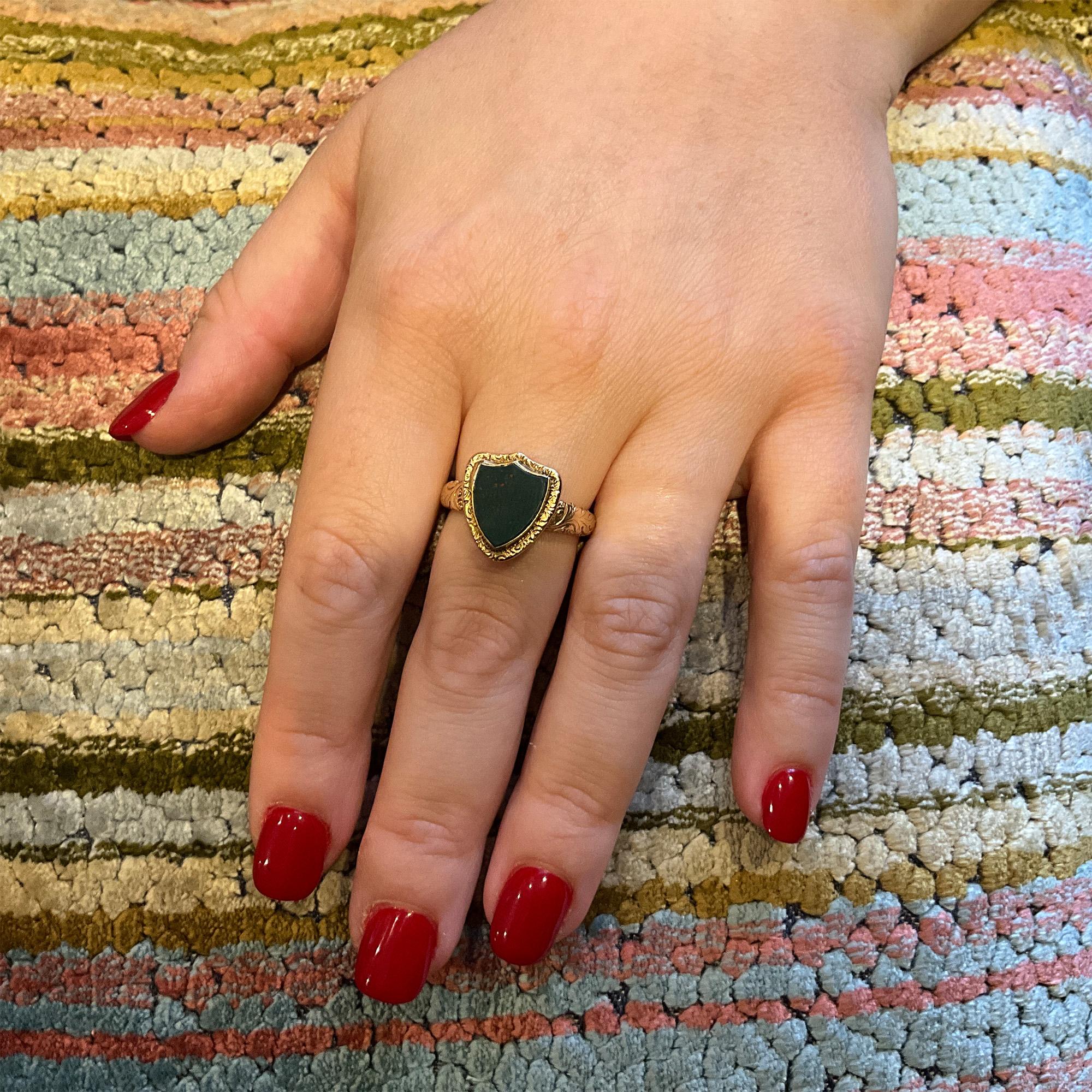 C1935 14K Bloodstone Signet Ring with Two Engrailed Top Escutcheon (SHIELD) For Sale 8