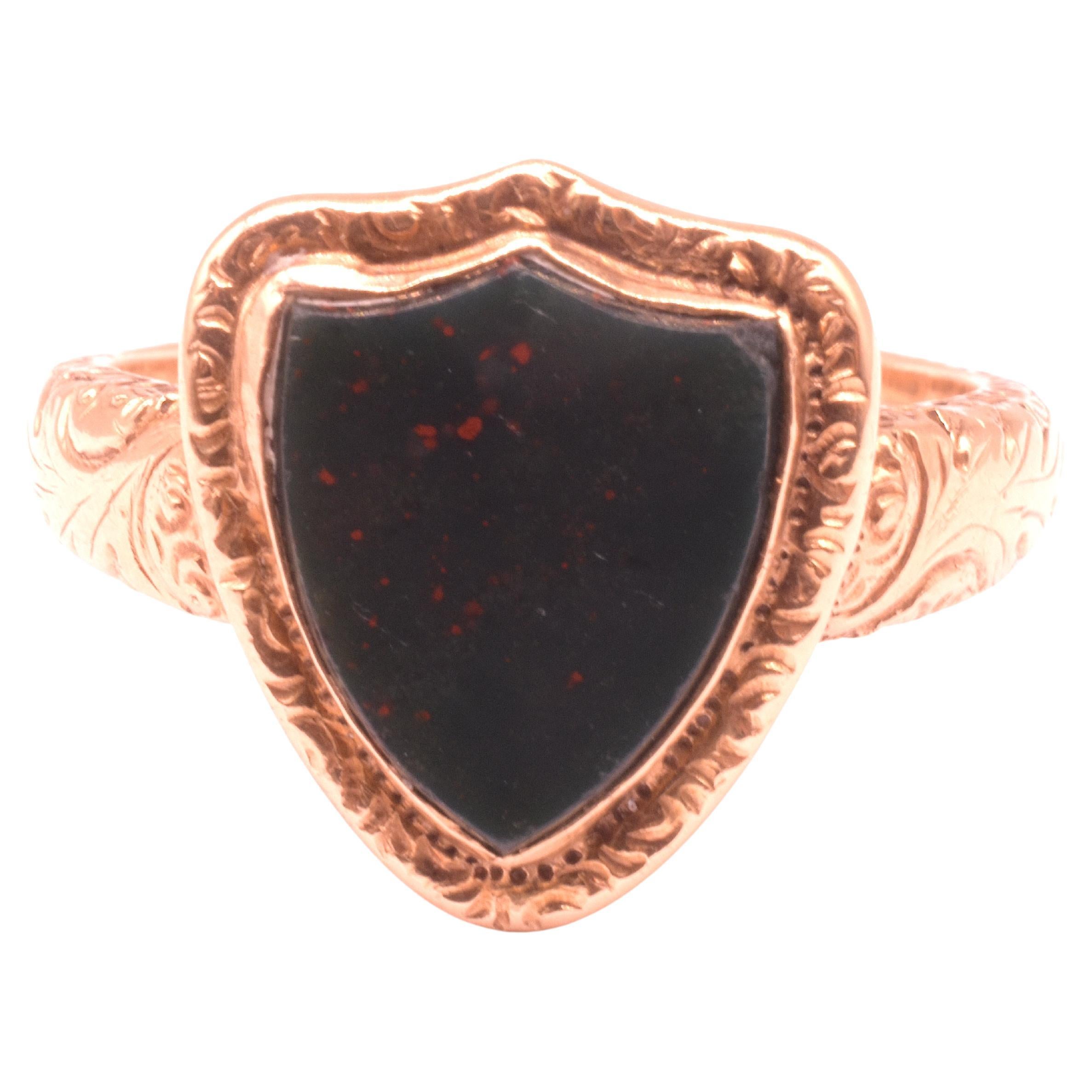 Art Deco C1935 14K Bloodstone Signet Ring with Two Engrailed Top Escutcheon (SHIELD) For Sale