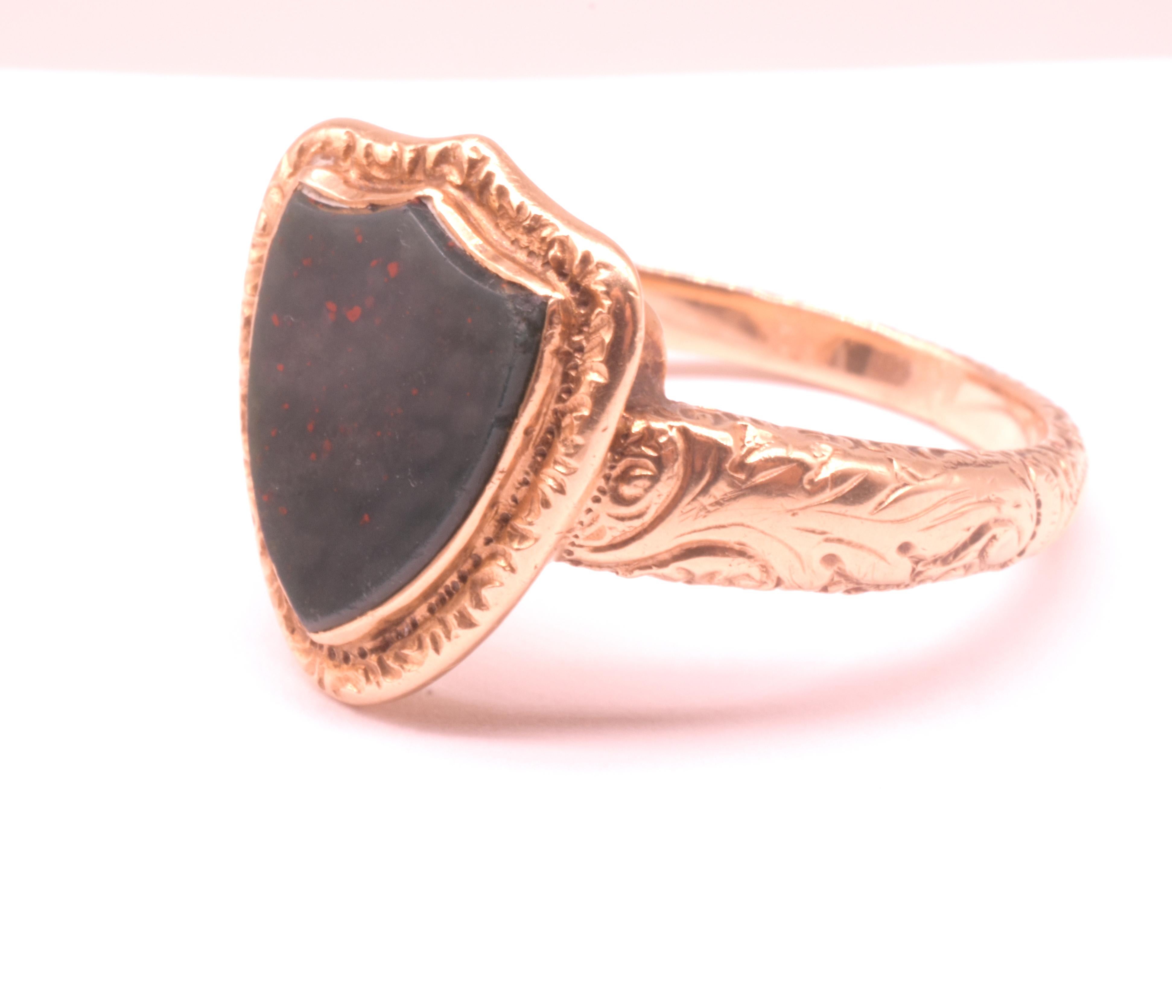 Cabochon C1935 14K Bloodstone Signet Ring with Two Engrailed Top Escutcheon (SHIELD) For Sale
