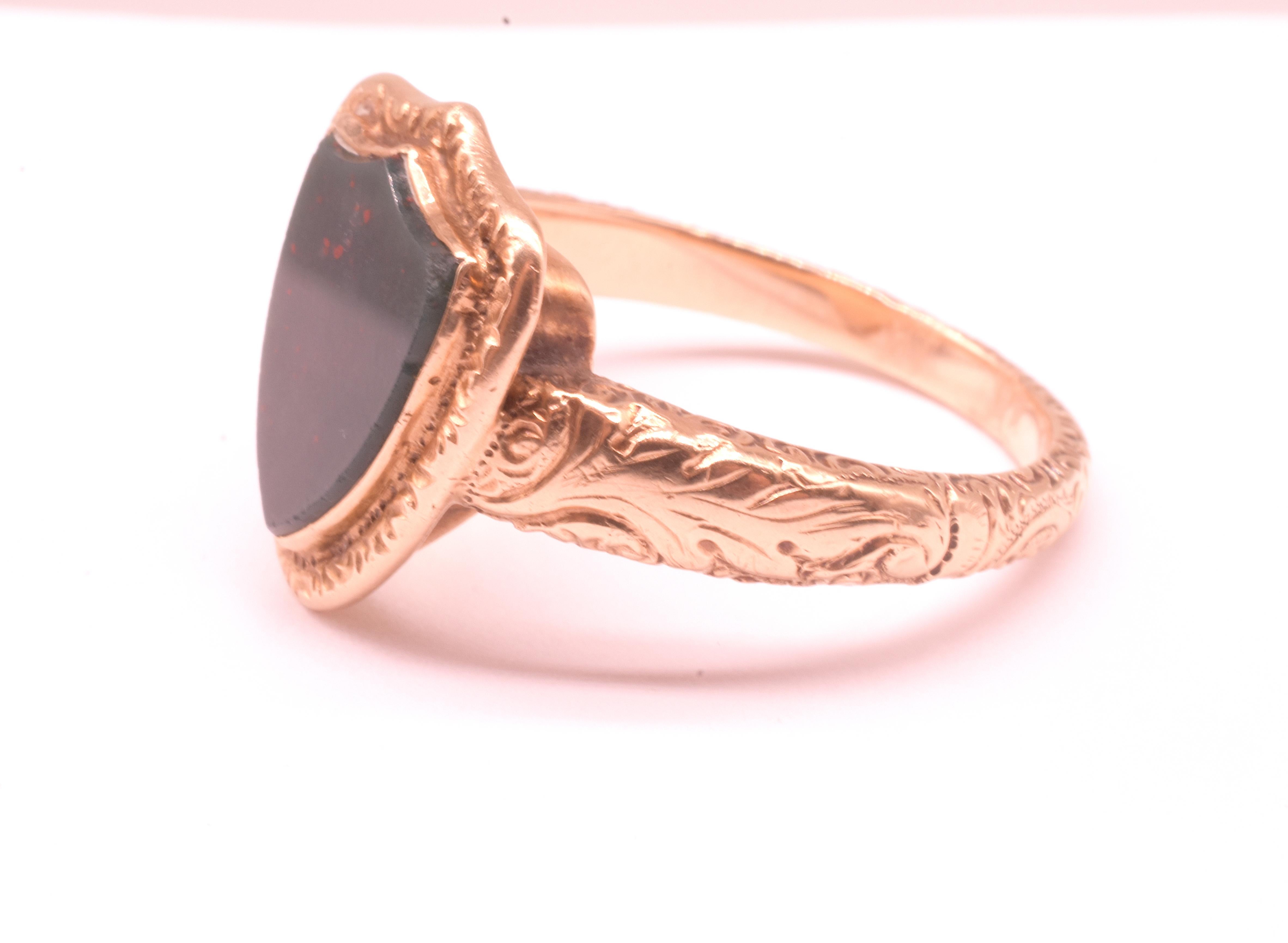 C1935 14K Bloodstone Signet Ring with Two Engrailed Top Escutcheon (SHIELD) For Sale 2