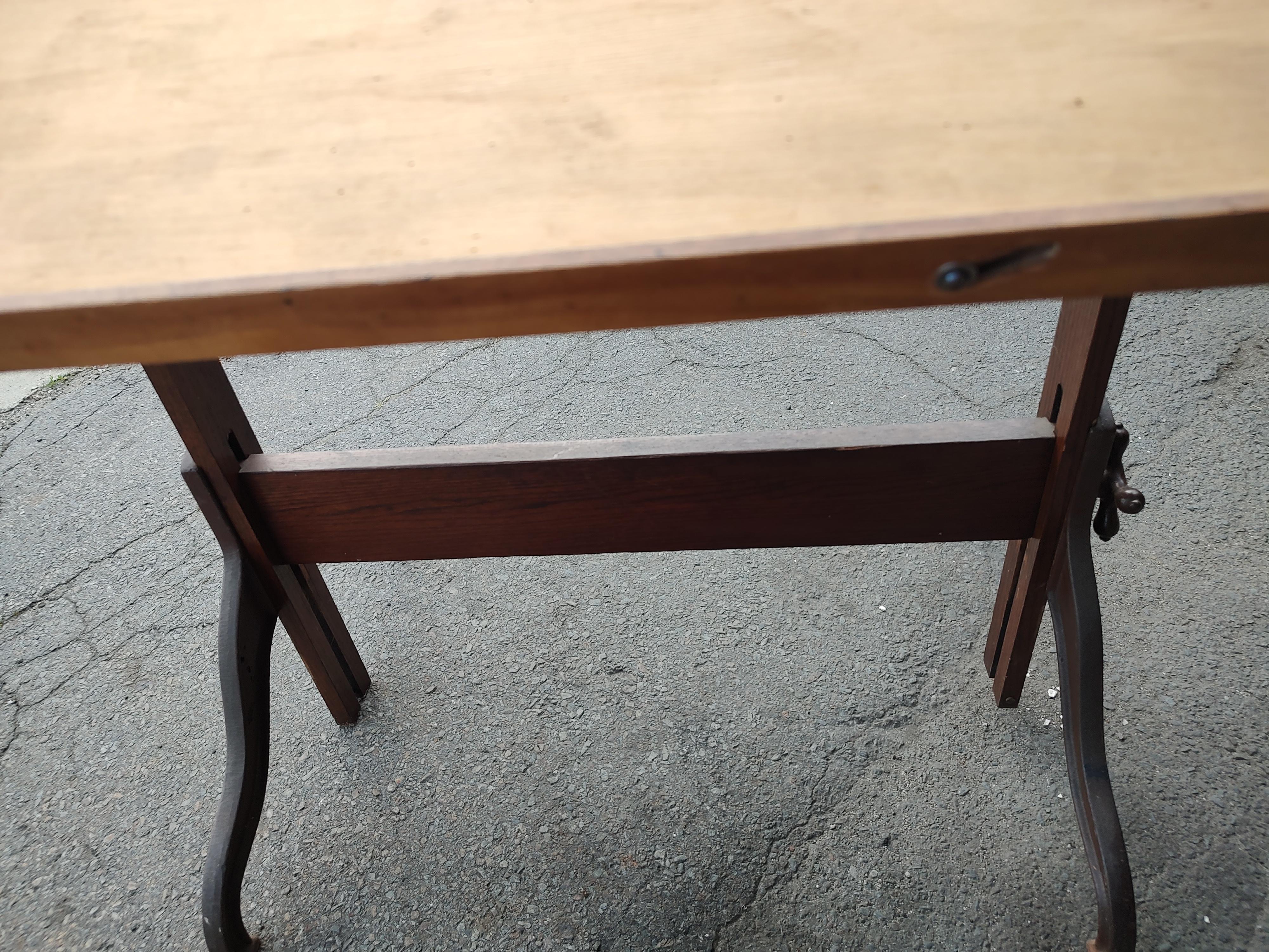 Industrial Antique Oak & Cast Iron Drafting Table by Dietzgen, circa 1935  For Sale