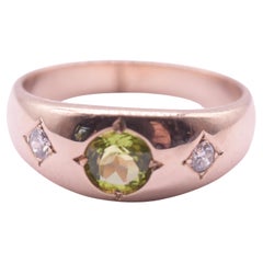C1880 14 Carat Peridot and Diamond Flush Mount 3 Stone Ring