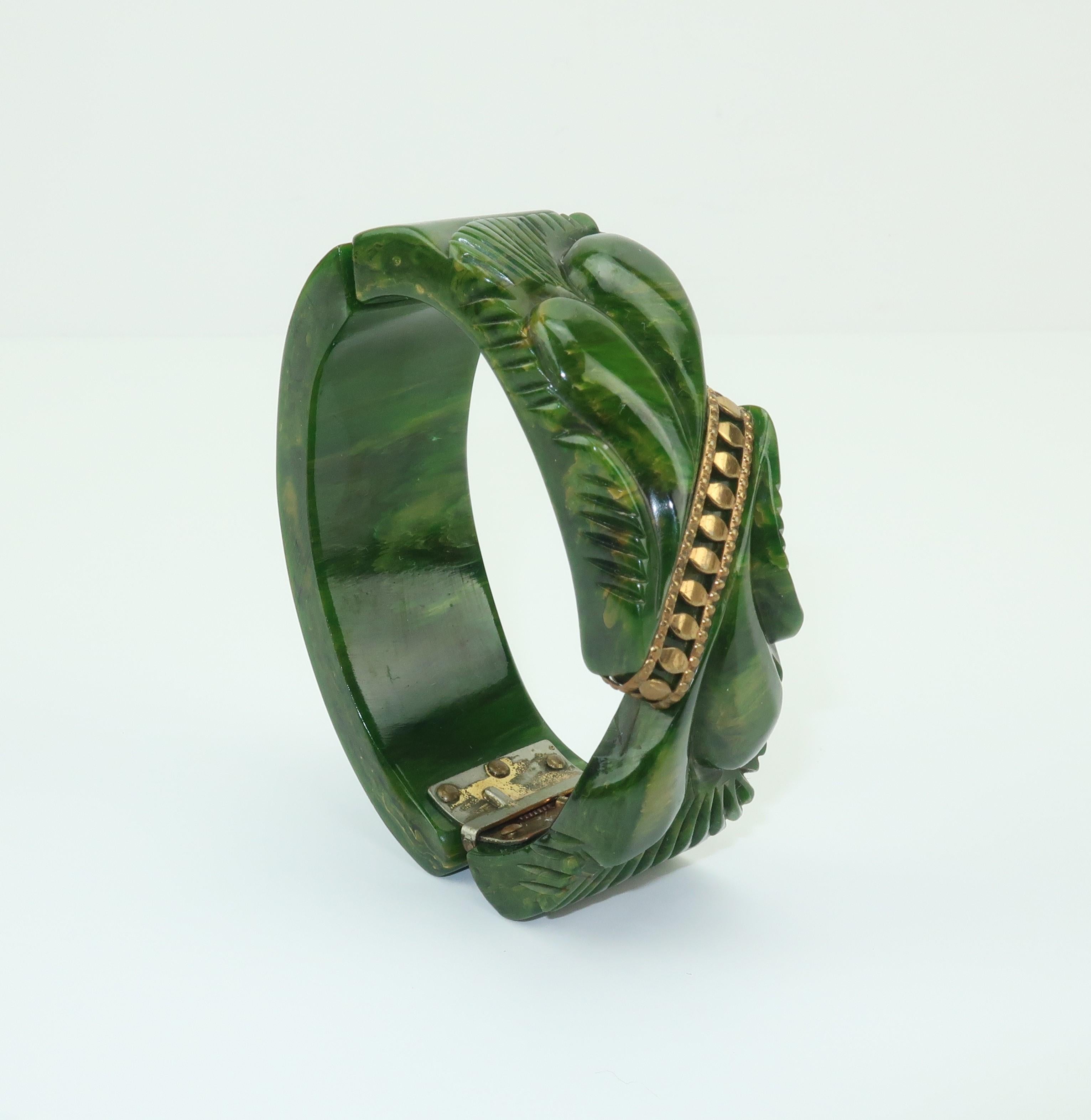 C.1940 Carved Green Bakelite Clamper Bracelet With Gold Details 6