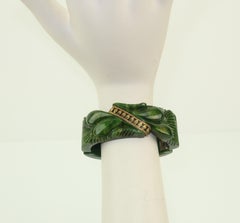 C.1940 Carved Green Bakelite Clamper Bracelet With Gold Details