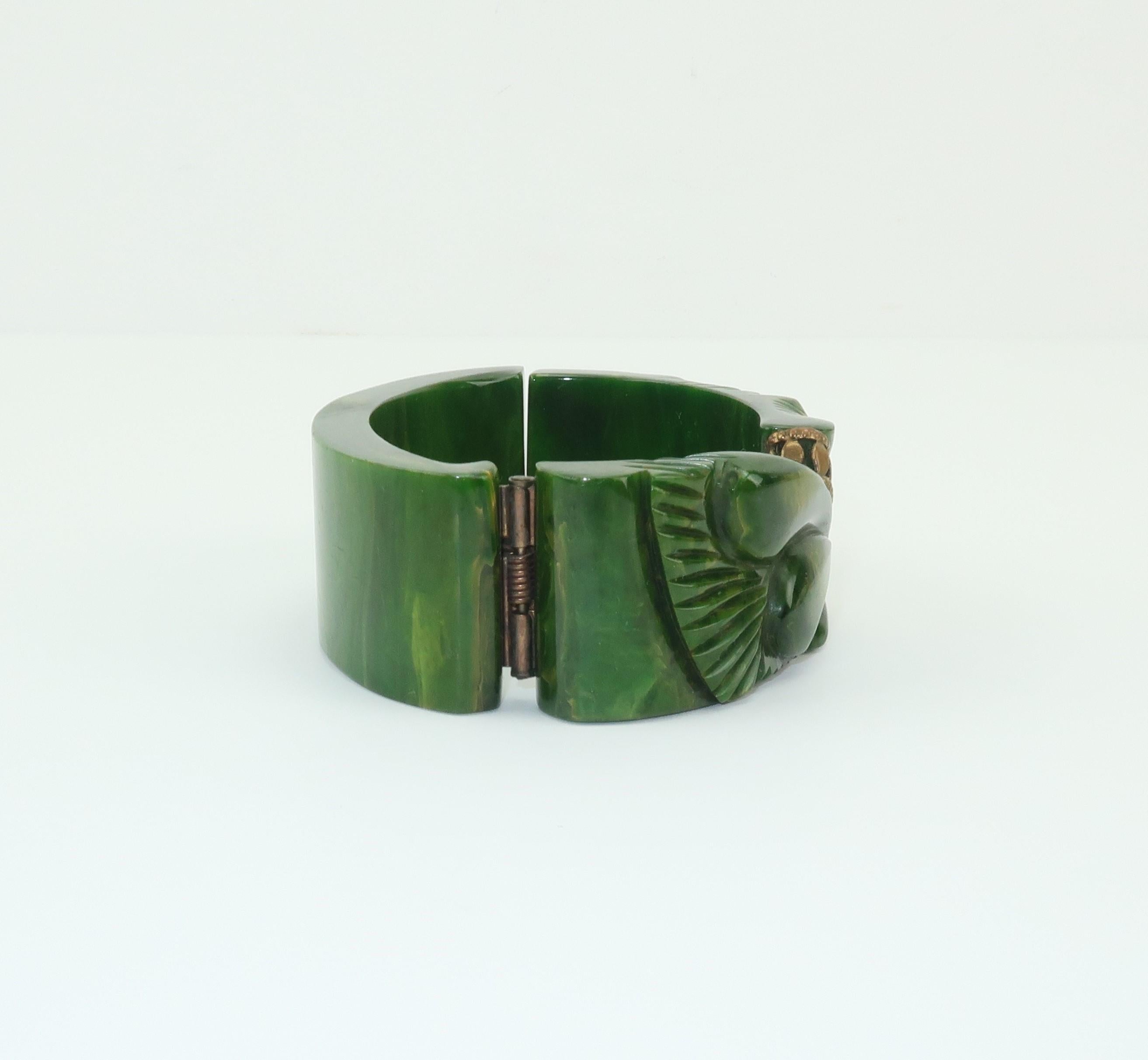 C.1940 Carved Green Bakelite Clamper Bracelet With Gold Details 3