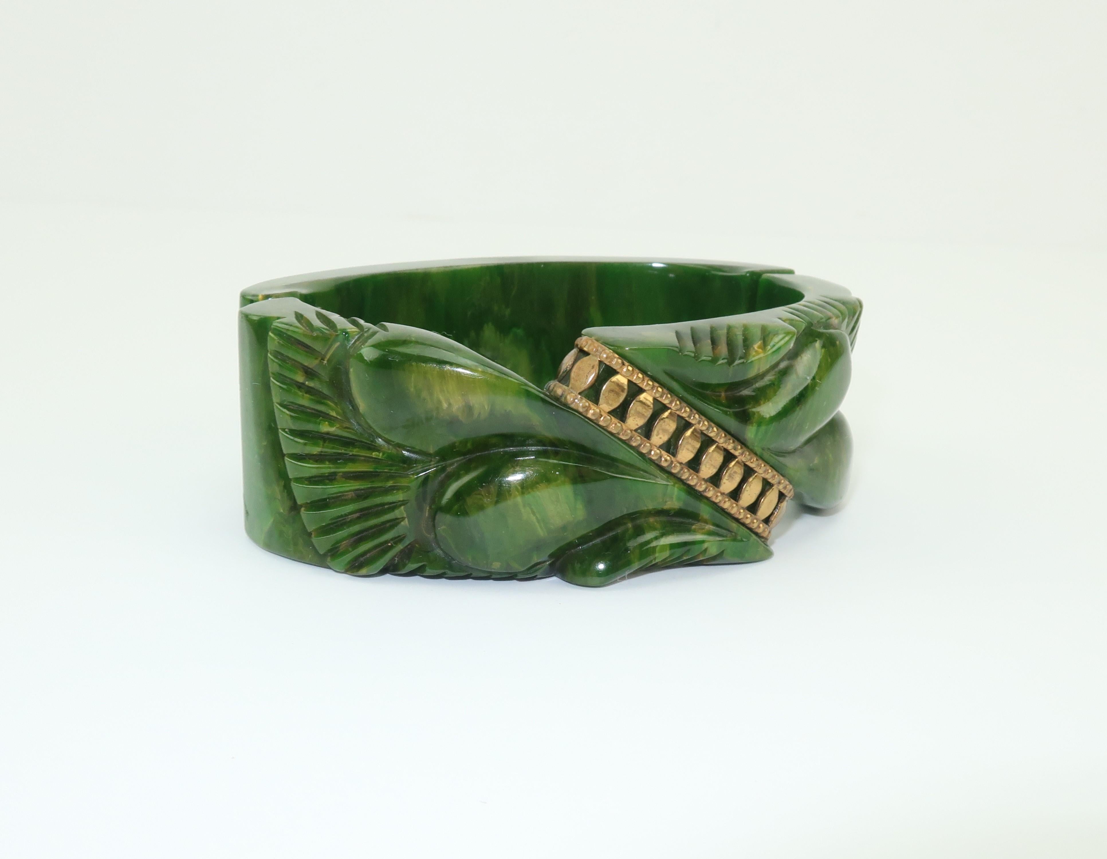 C.1940 Carved Green Bakelite Clamper Bracelet With Gold Details 4