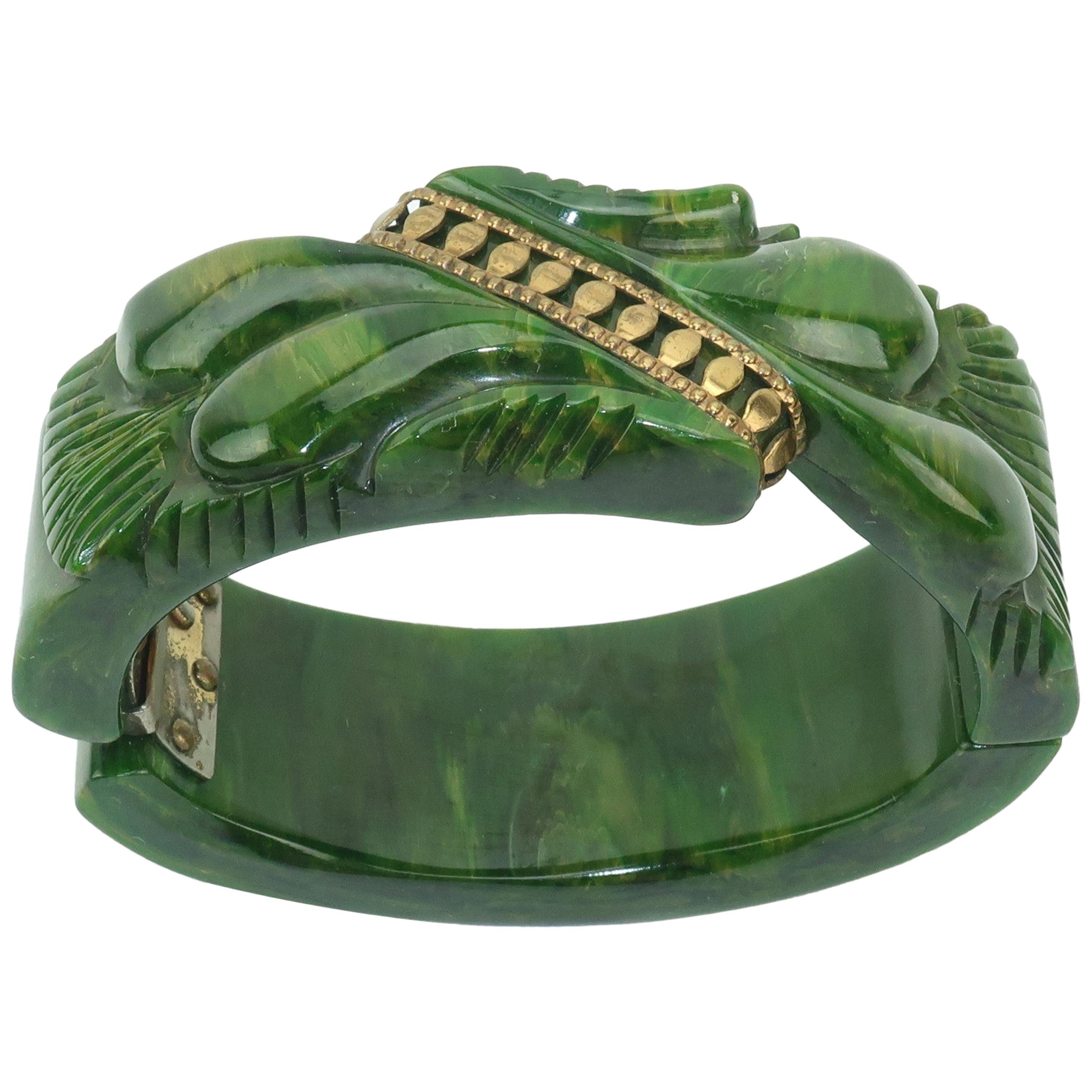 C.1940 Carved Green Bakelite Clamper Bracelet With Gold Details