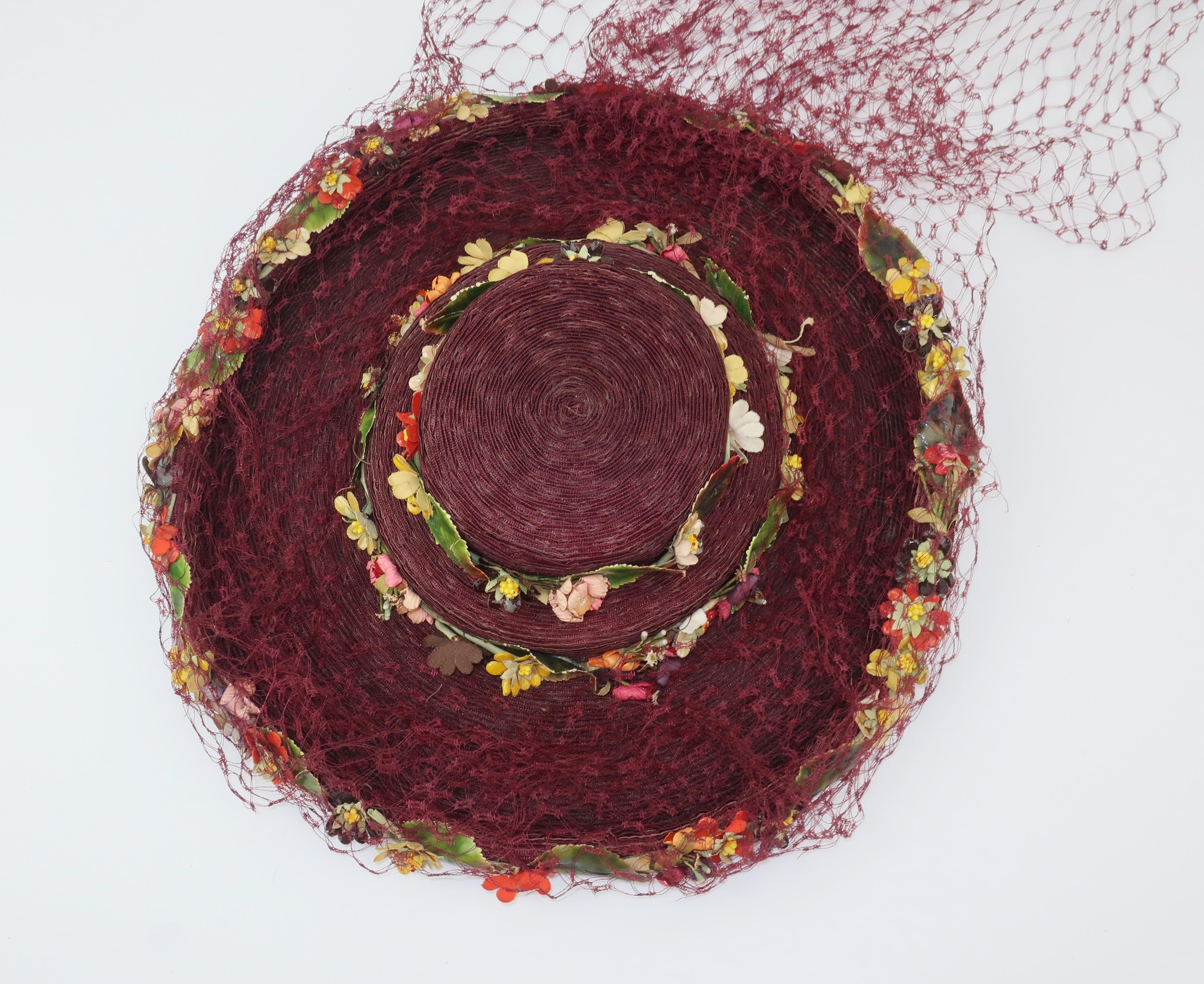 C.1940 Ella Buchanan Gunn Straw Tilt Hat With Flowers & Netting 3