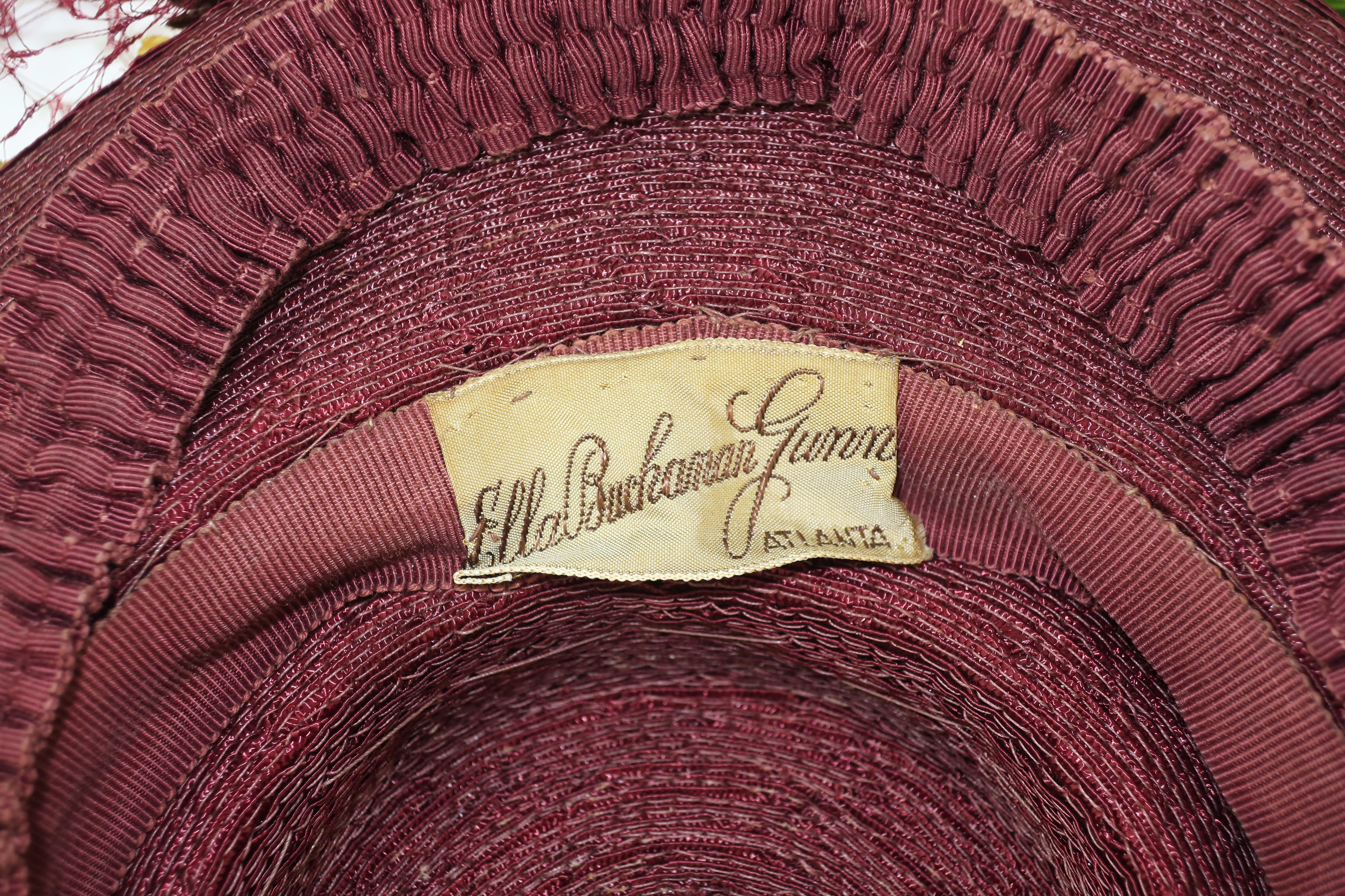 C.1940 Ella Buchanan Gunn Straw Tilt Hat With Flowers & Netting 4