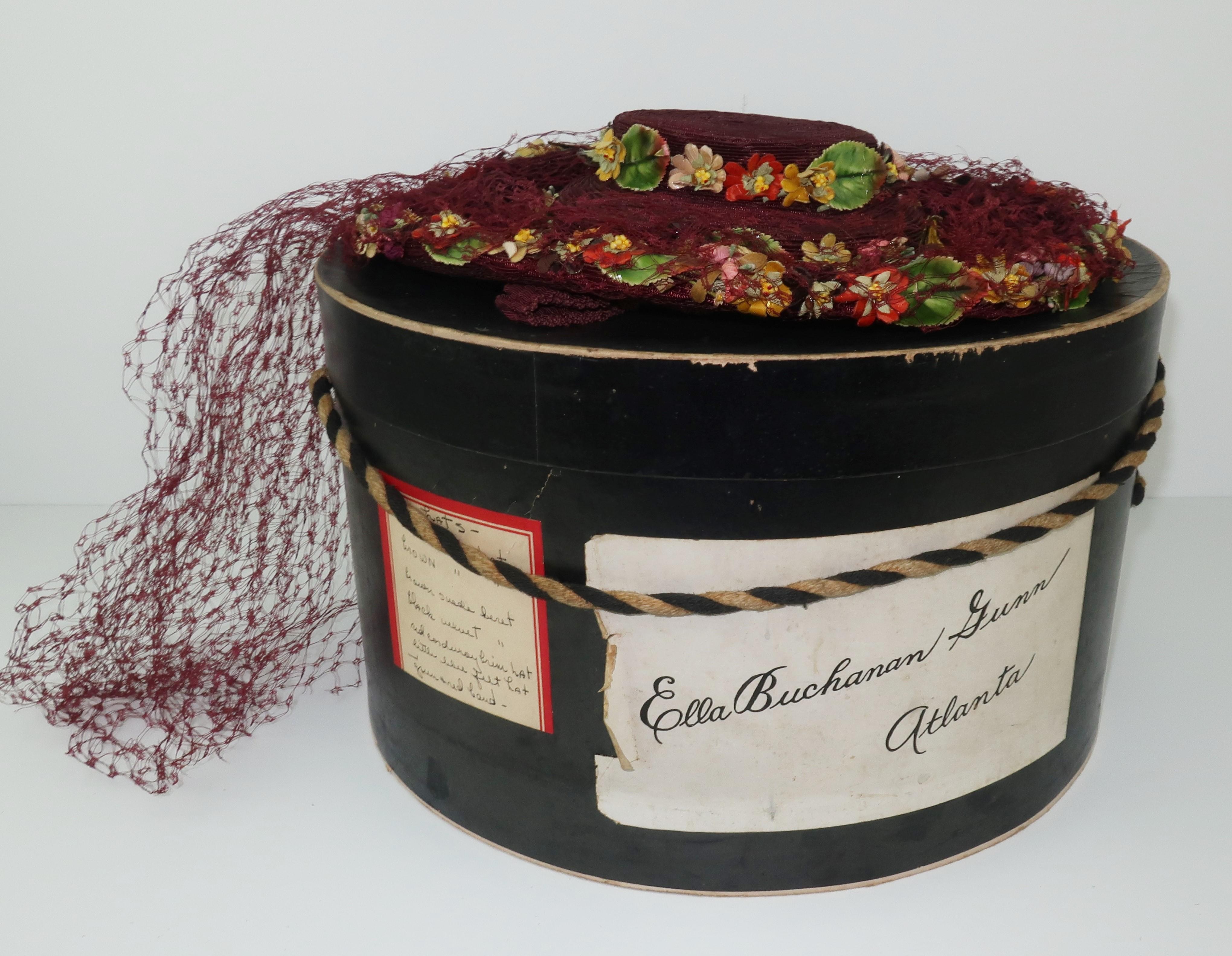 C.1940 Ella Buchanan Gunn Straw Tilt Hat With Flowers & Netting 5