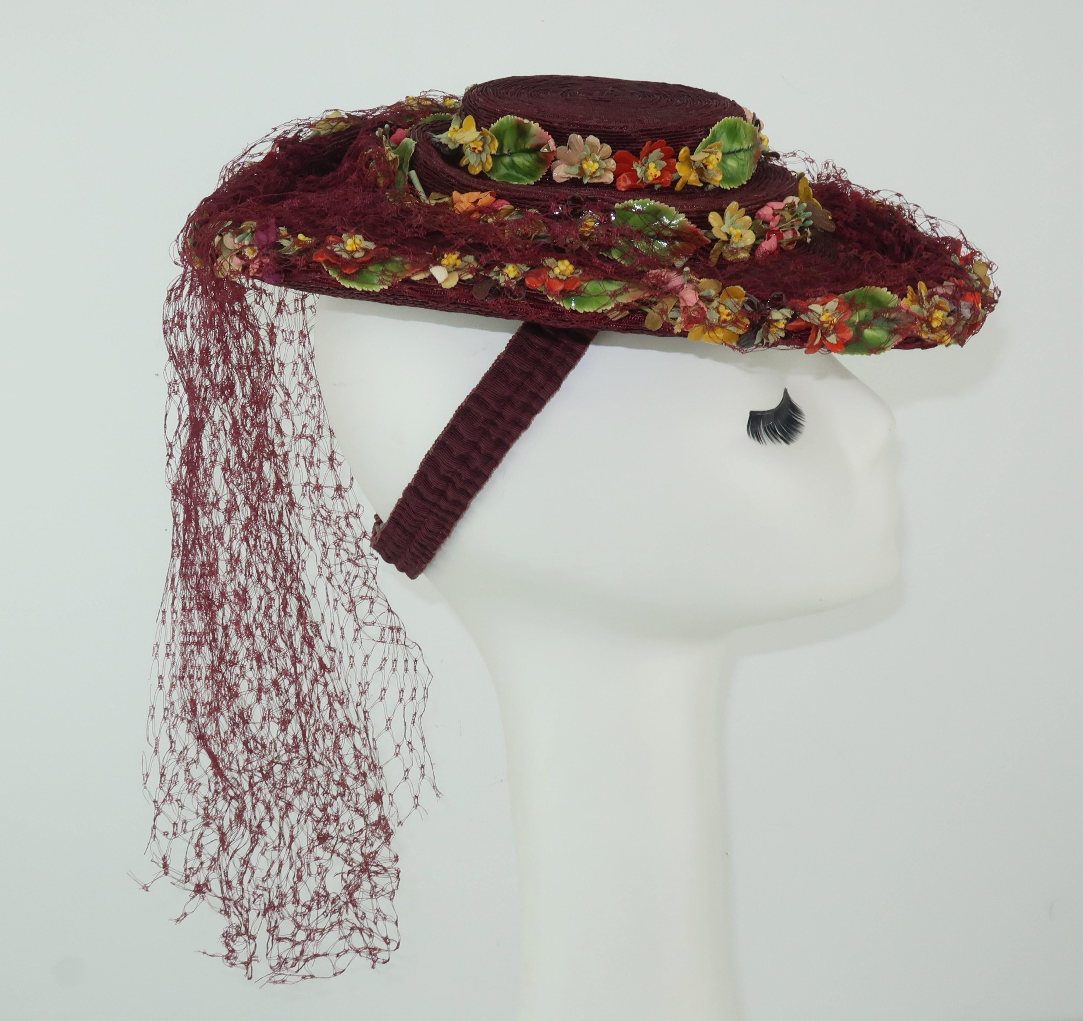 Brown C.1940 Ella Buchanan Gunn Straw Tilt Hat With Flowers & Netting