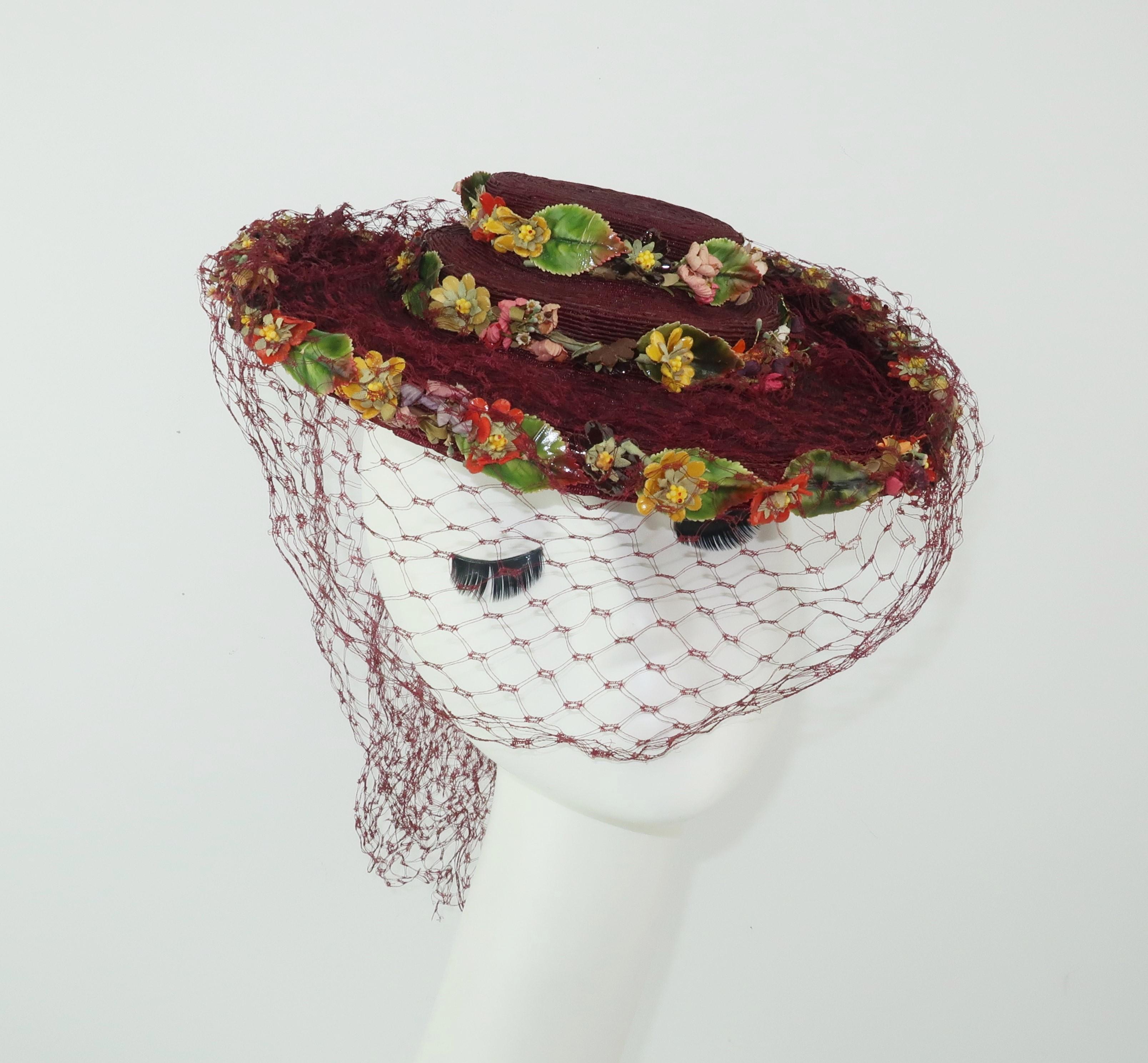 Women's C.1940 Ella Buchanan Gunn Straw Tilt Hat With Flowers & Netting