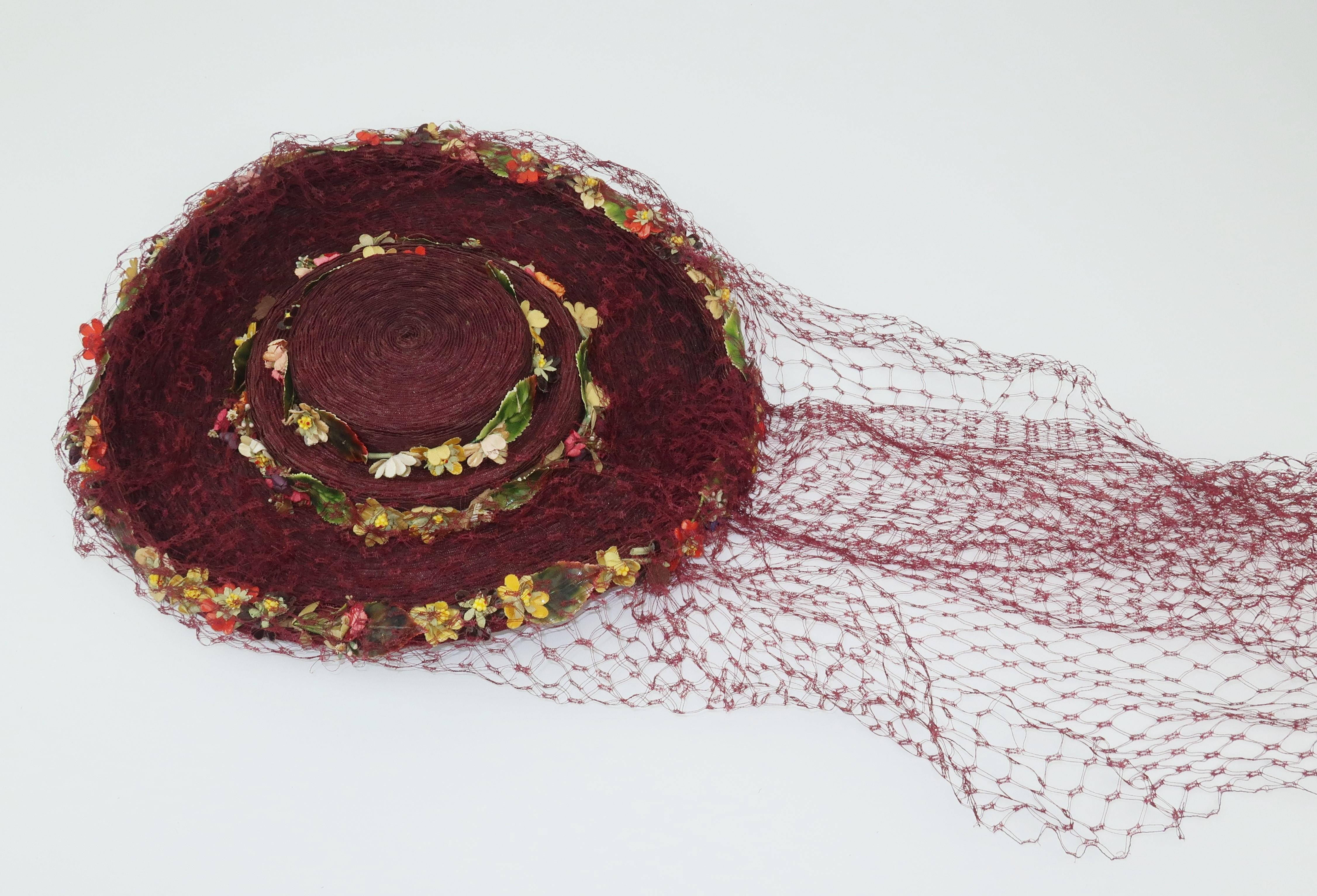 C.1940 Ella Buchanan Gunn Straw Tilt Hat With Flowers & Netting 1