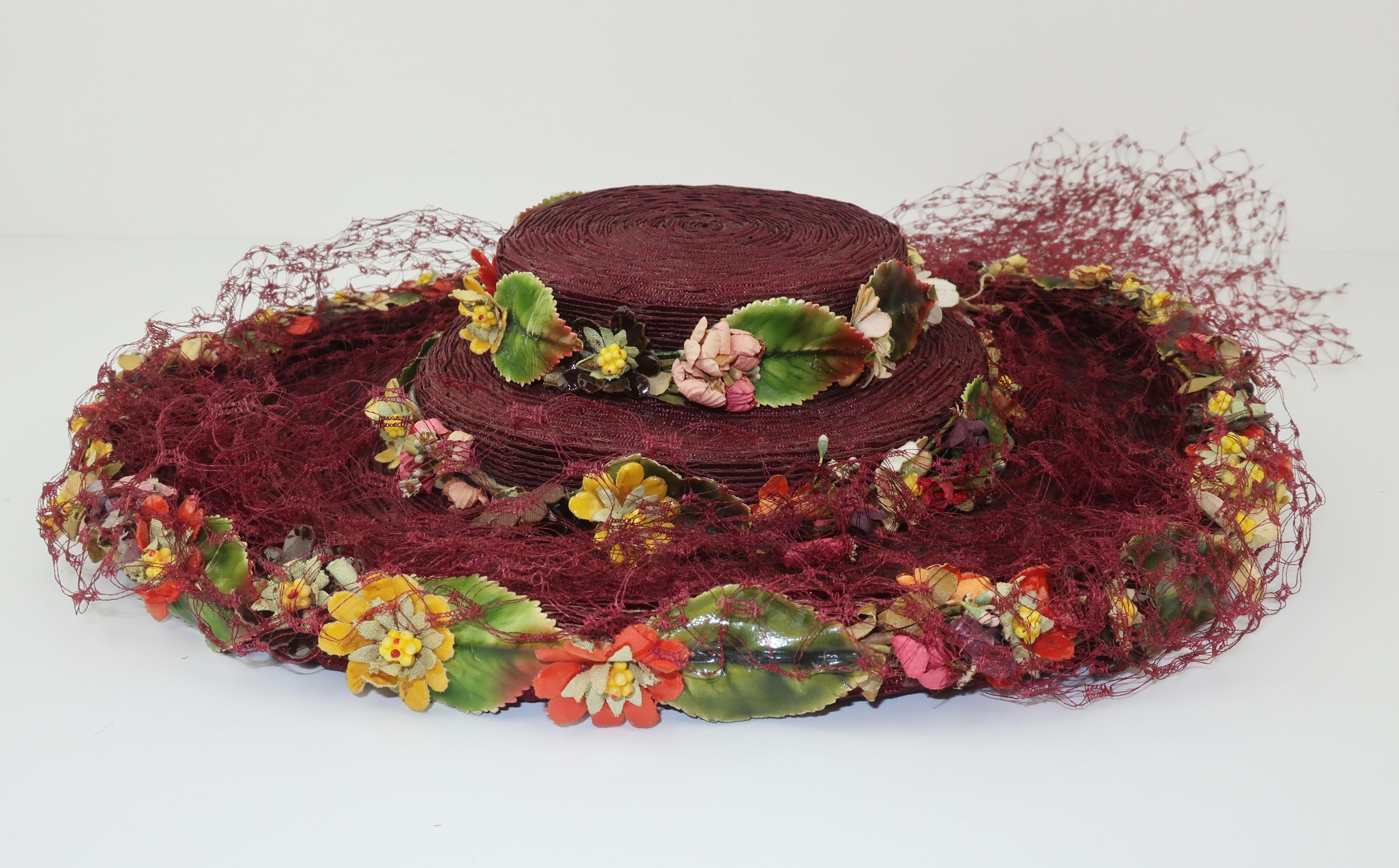 C.1940 Ella Buchanan Gunn Straw Tilt Hat With Flowers & Netting 2