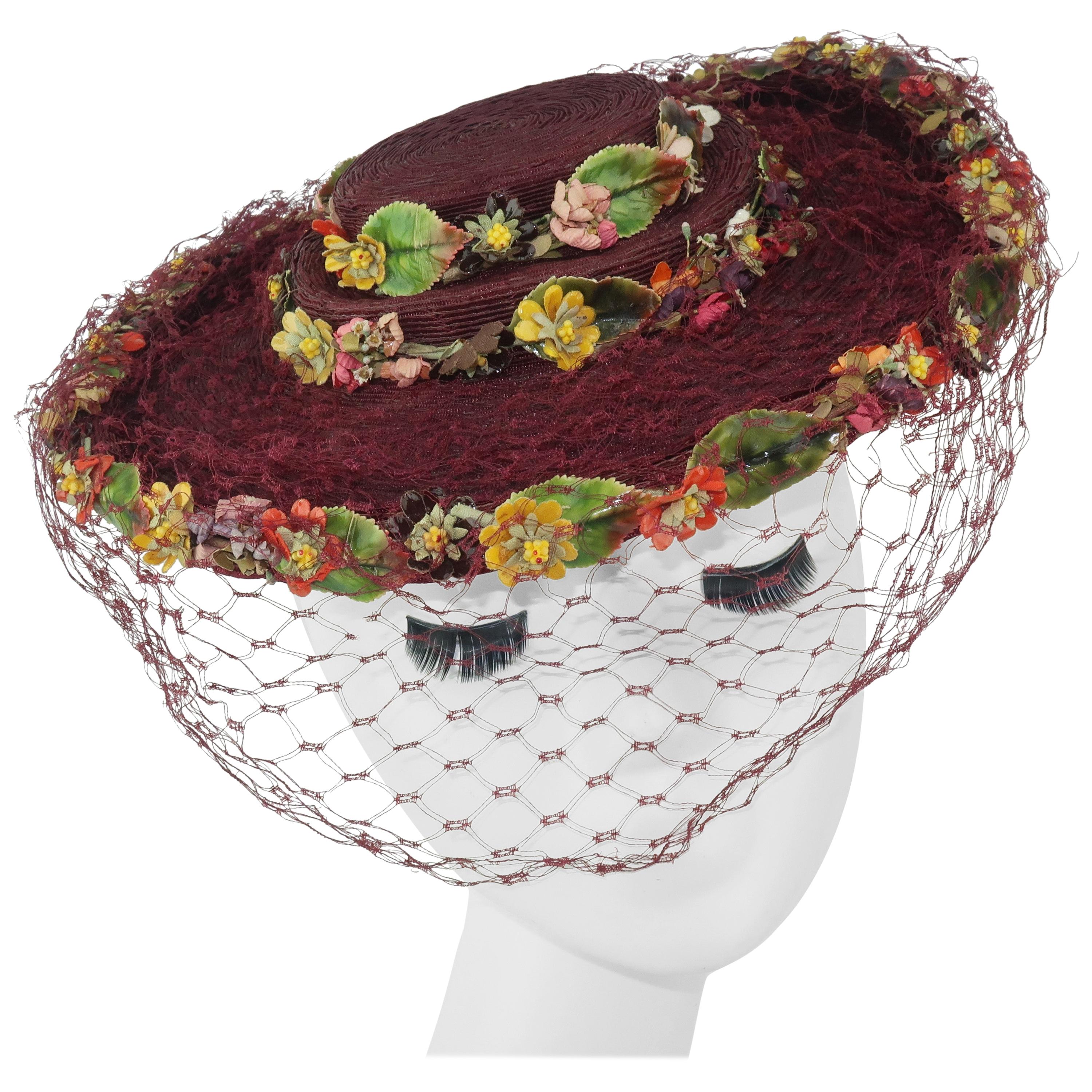 C.1940 Ella Buchanan Gunn Straw Tilt Hat With Flowers & Netting