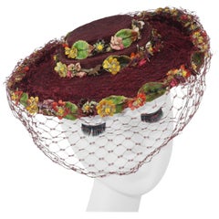 Vintage C.1940 Ella Buchanan Gunn Straw Tilt Hat With Flowers & Netting