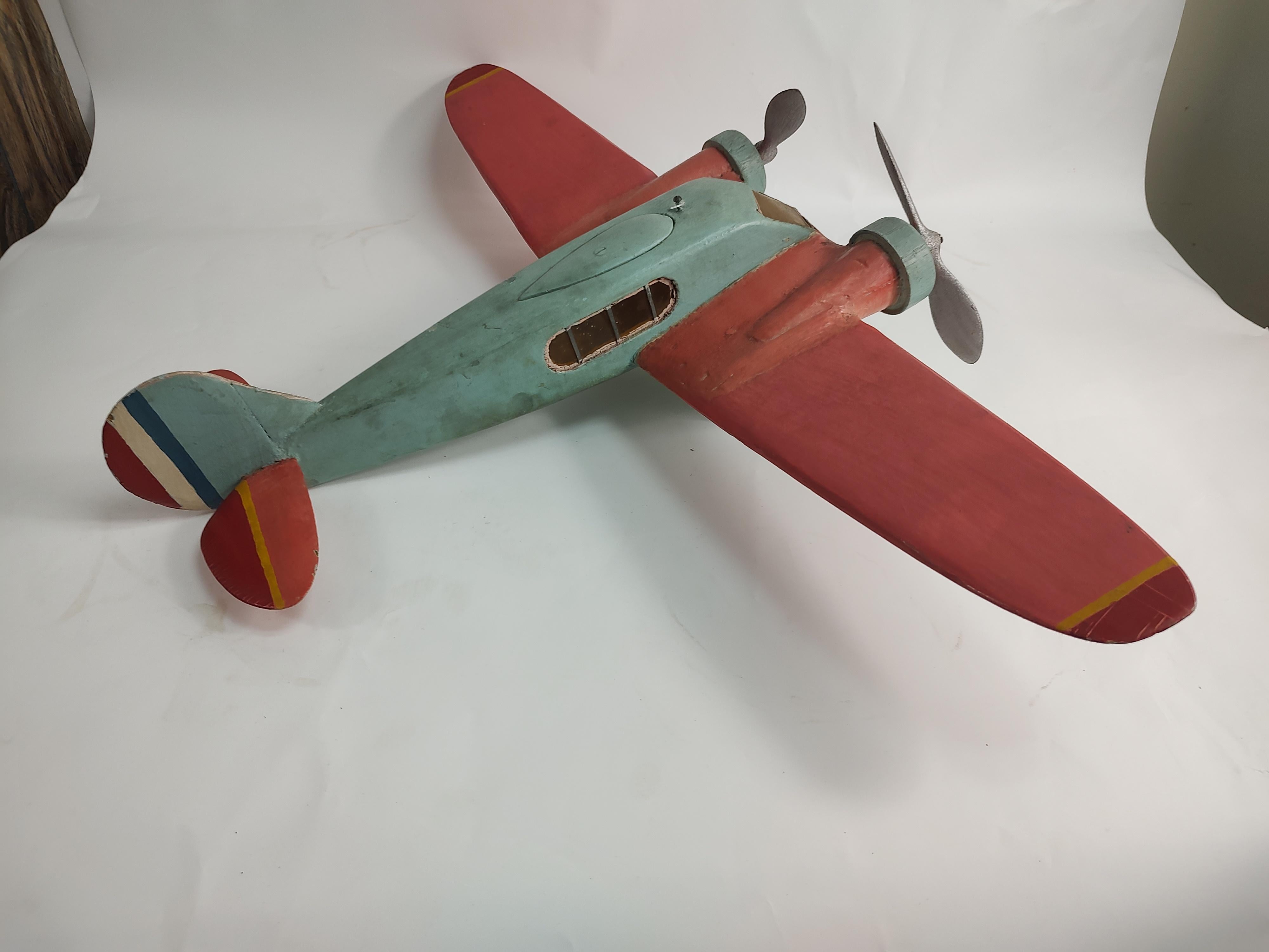 C1940 Hand Crafted Wooden French Folk Art Airplane with Moving Parts For Sale 9
