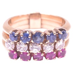 C1940 Harem Ring with 3 Bands of Rubies Diamonds and Sapphires size 5.5